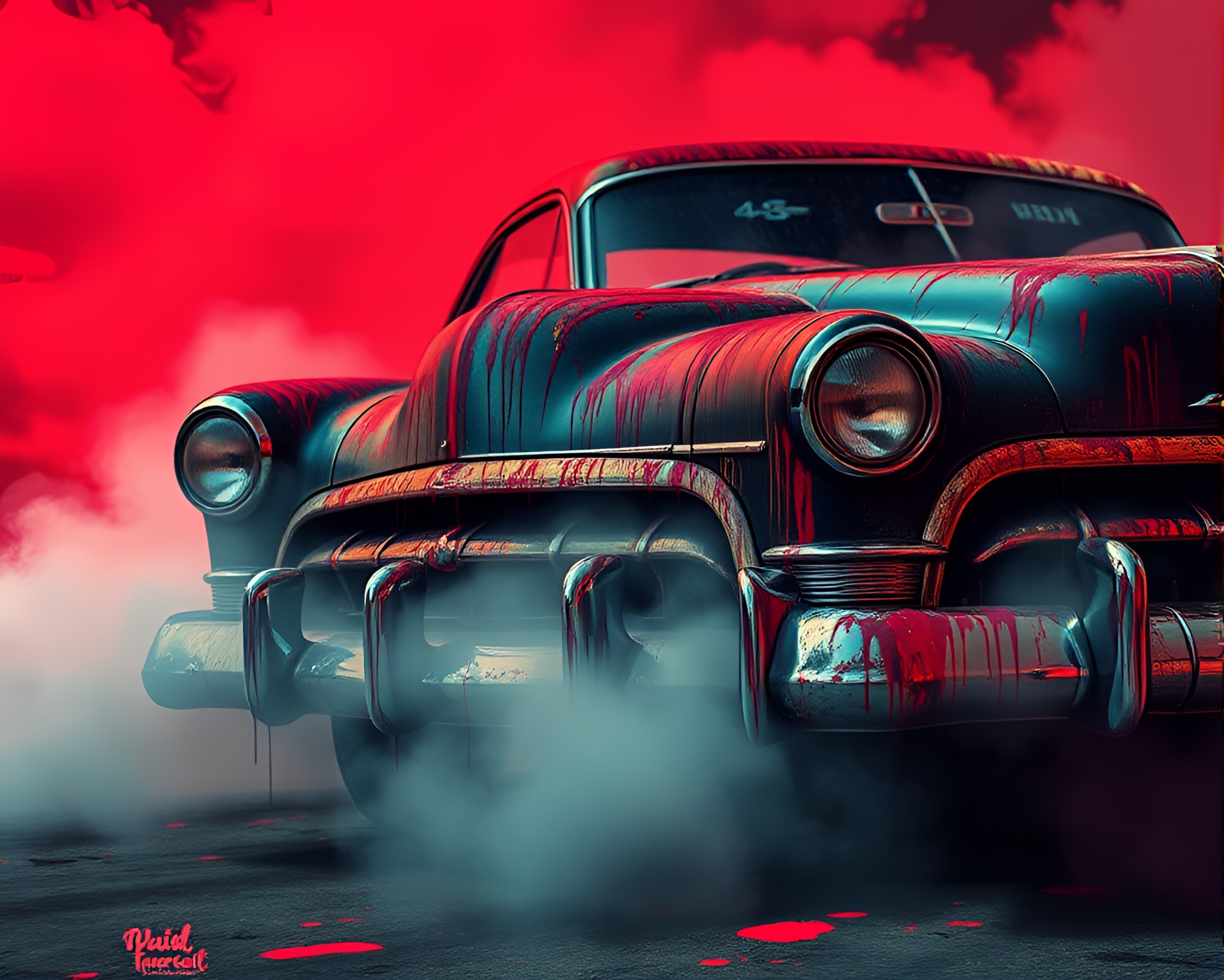 Vintage Car in Smoky Haze with Spray Paint Drips – free AI stock image