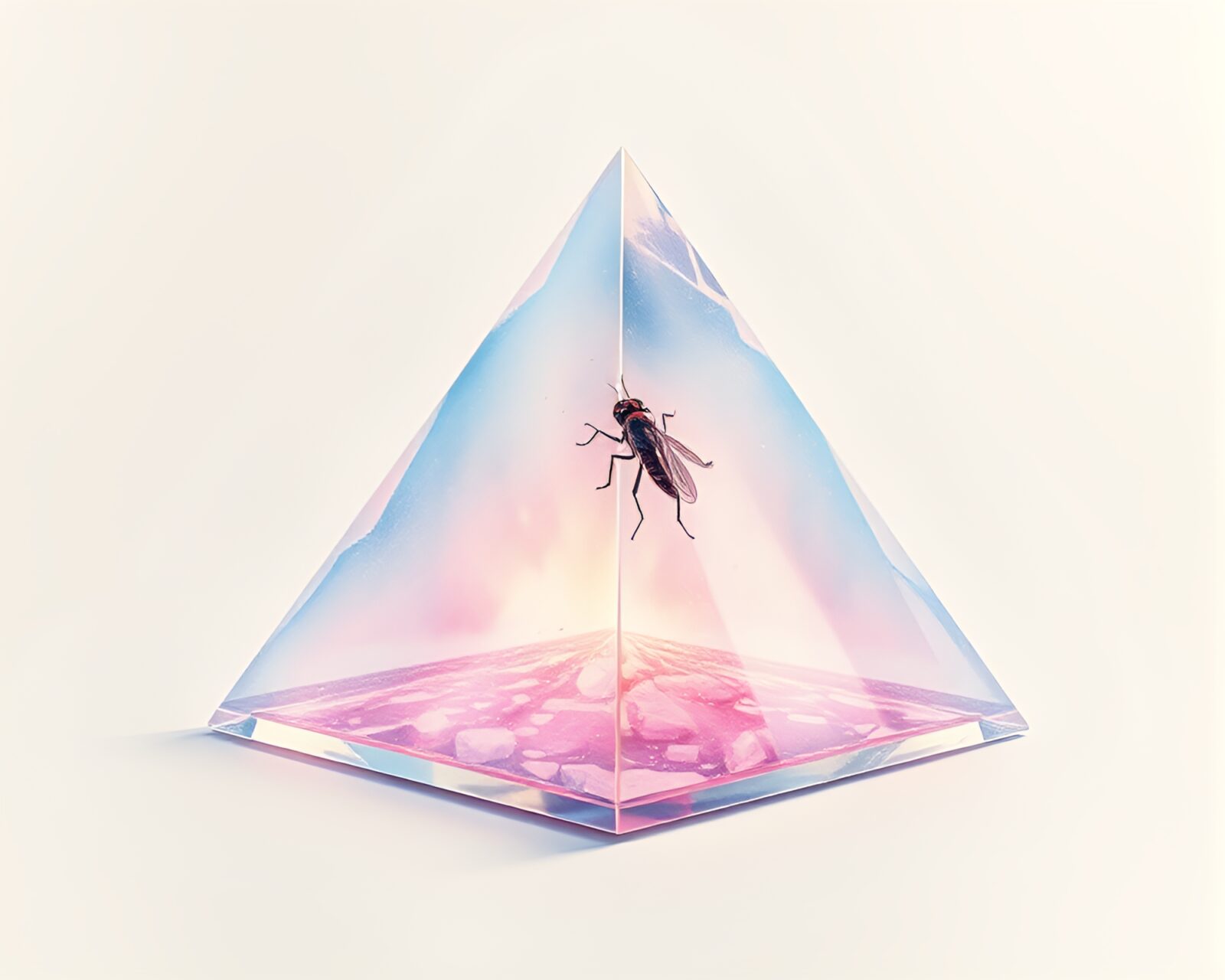Pastel drawing of glowing particles around glass pyramid