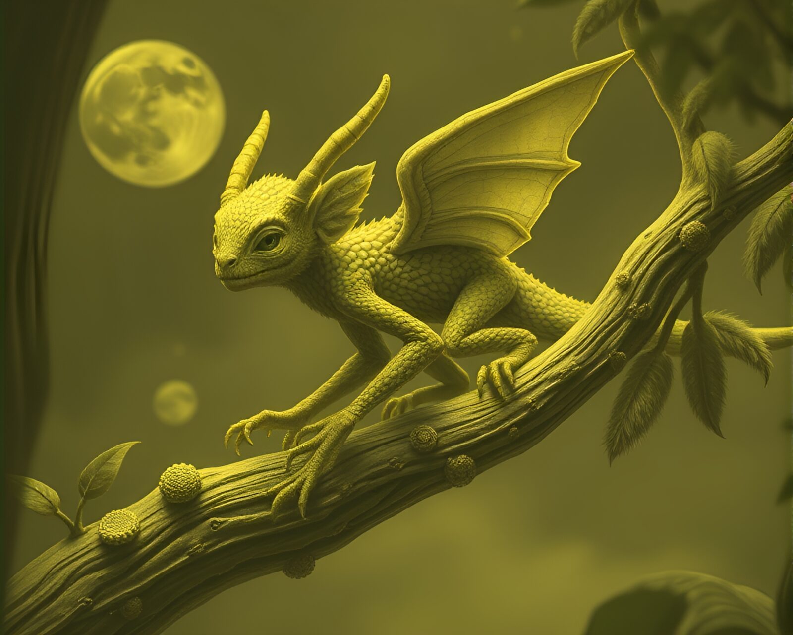 Intricate hatching details on a mythical chimera in olive drab light