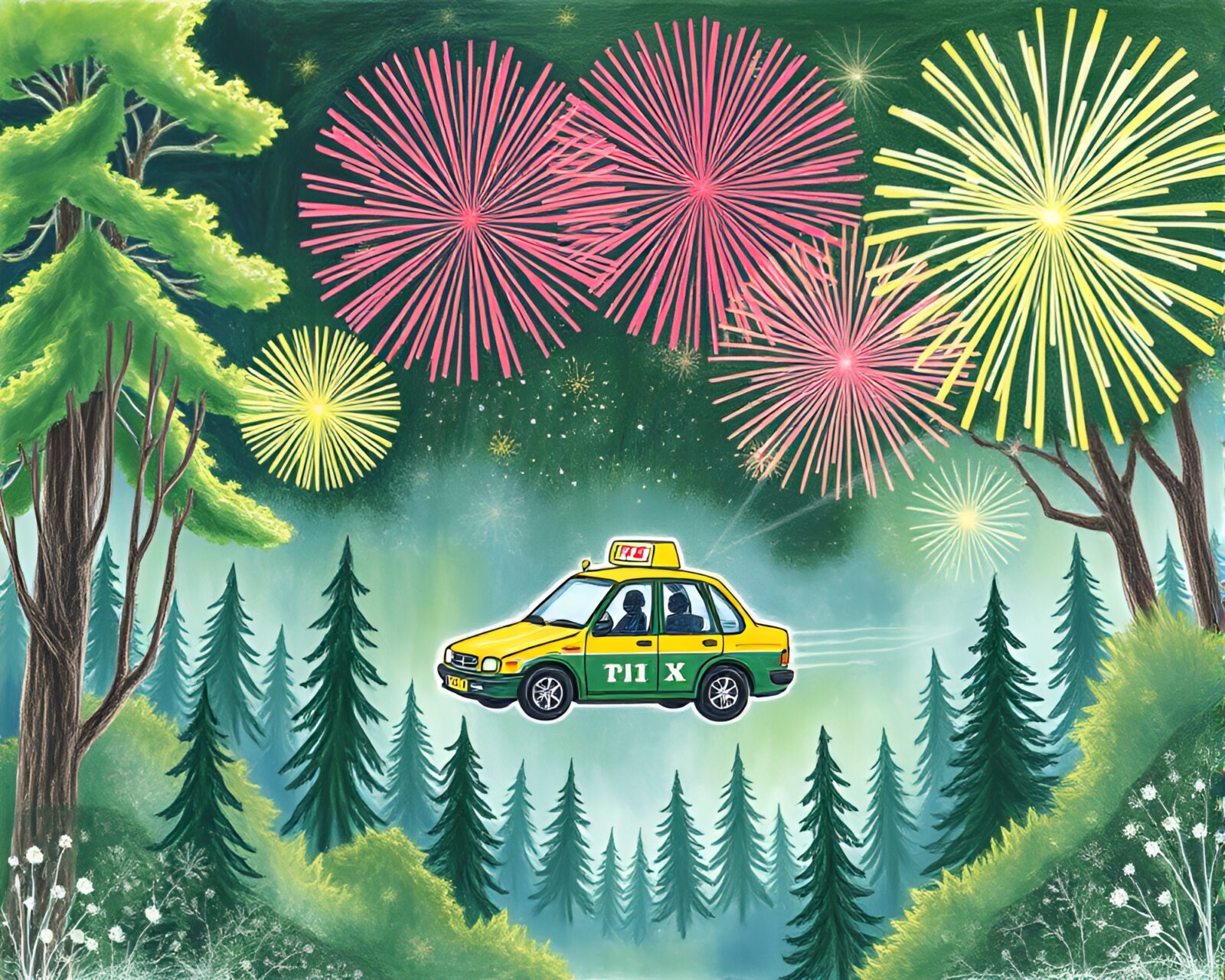 Conté crayon drawing of hover taxi in green enchanted forest with fireworks
