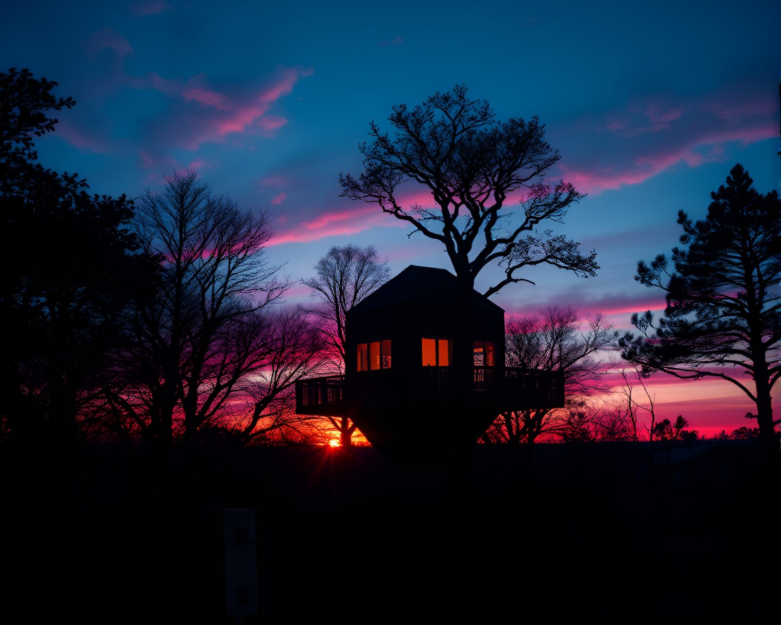 Ethereal treehouse in sunrise-pink glow through distorted glass