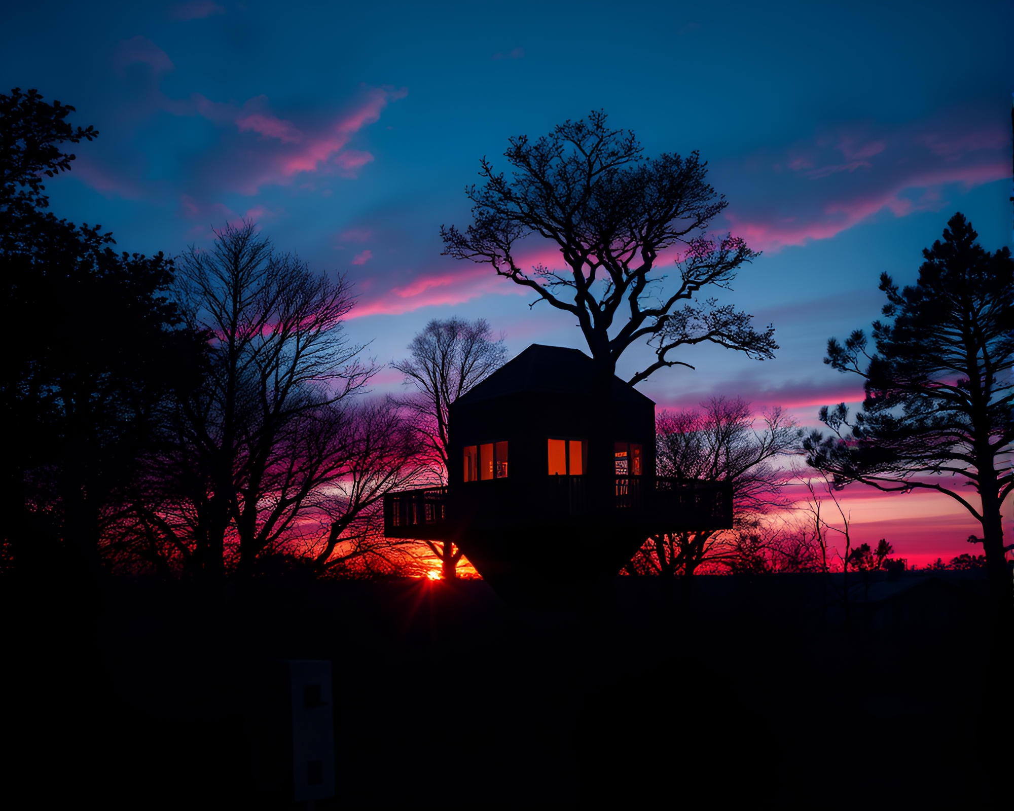 Sunrise Pink Glow Treehouse Glass Distortion Tenebrism – free AI stock image