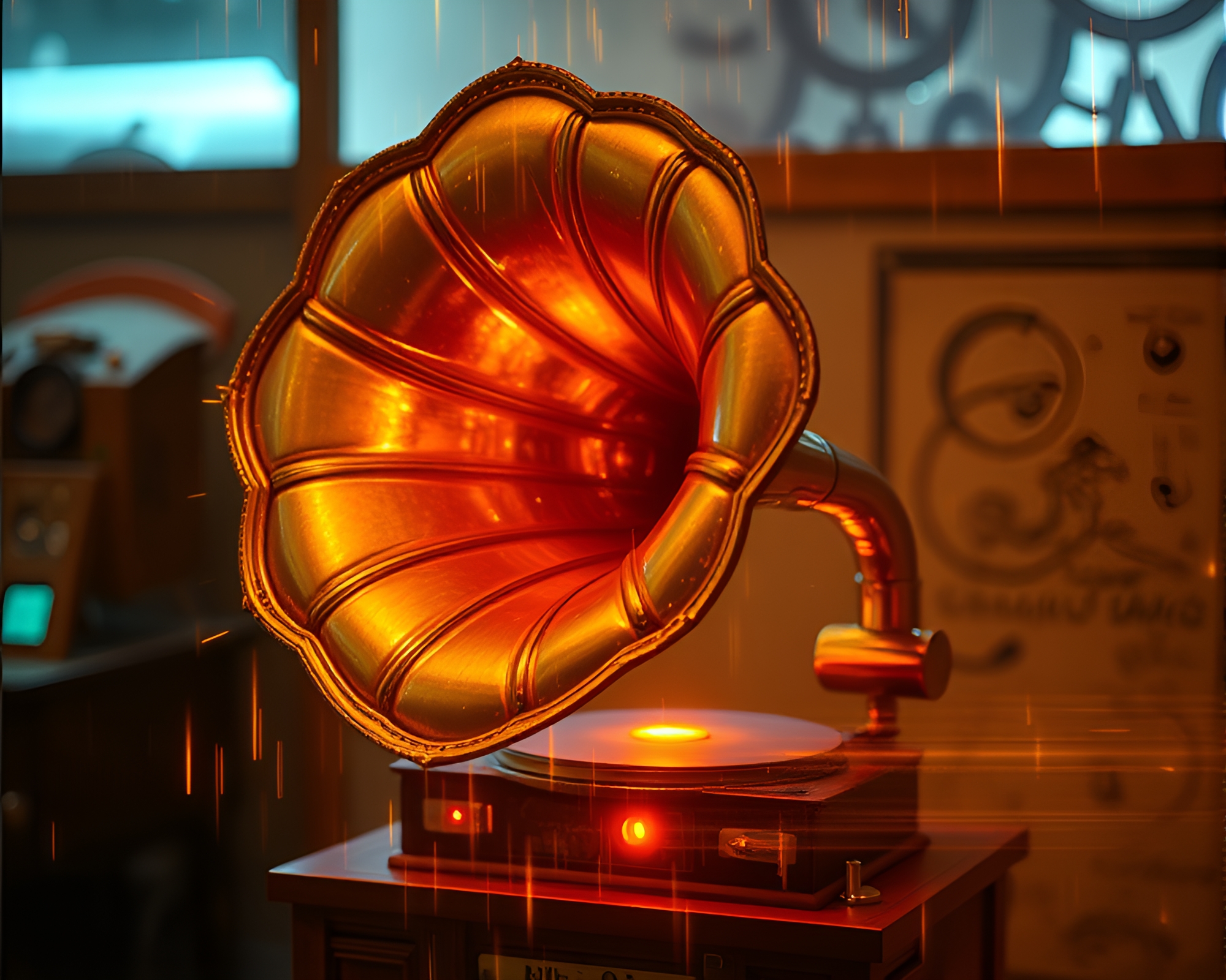 Gilded Steampunk Gramophone with Digital Glitch Aesthetic – free AI stock image