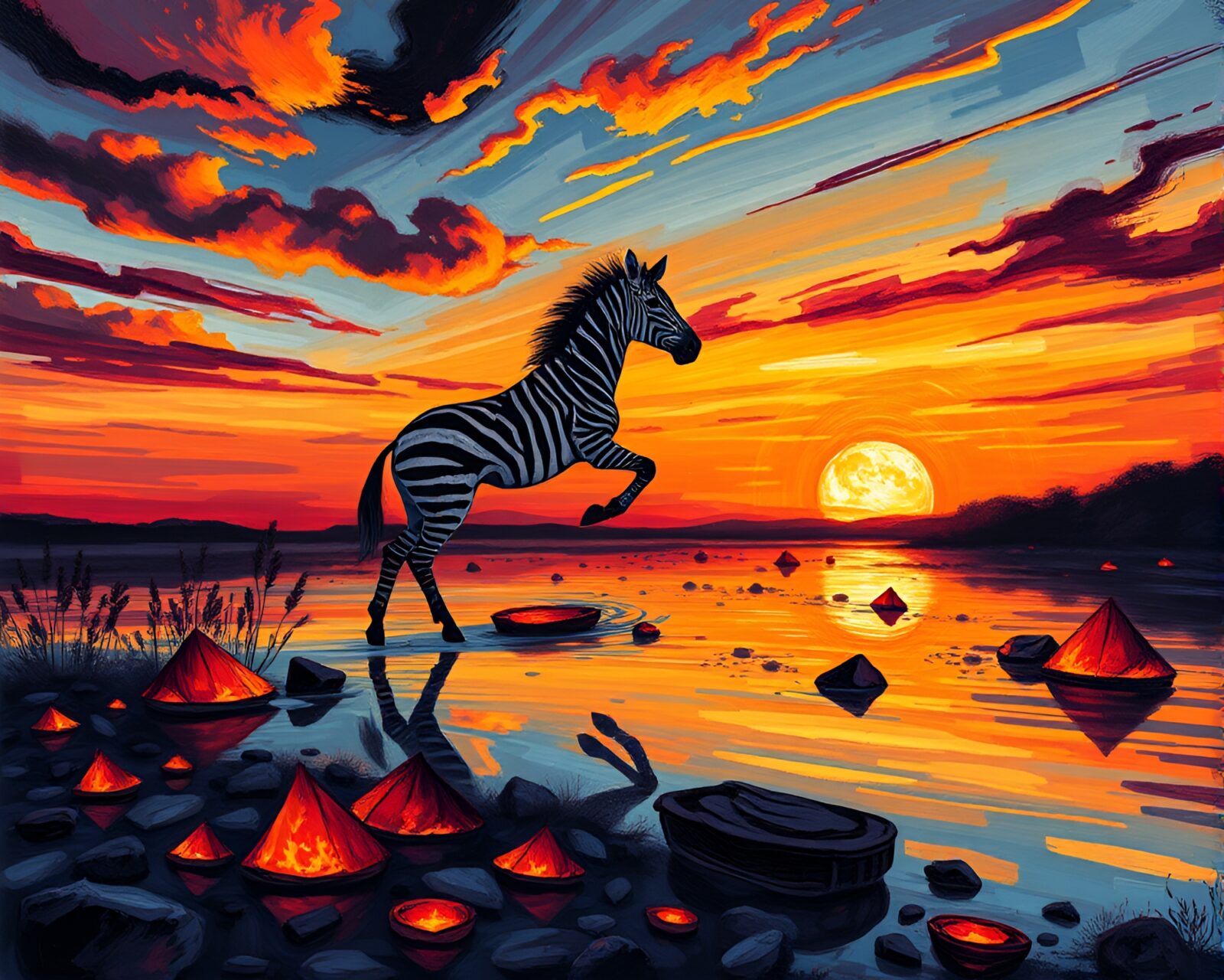 Abstract zebra with floating embers at sunset