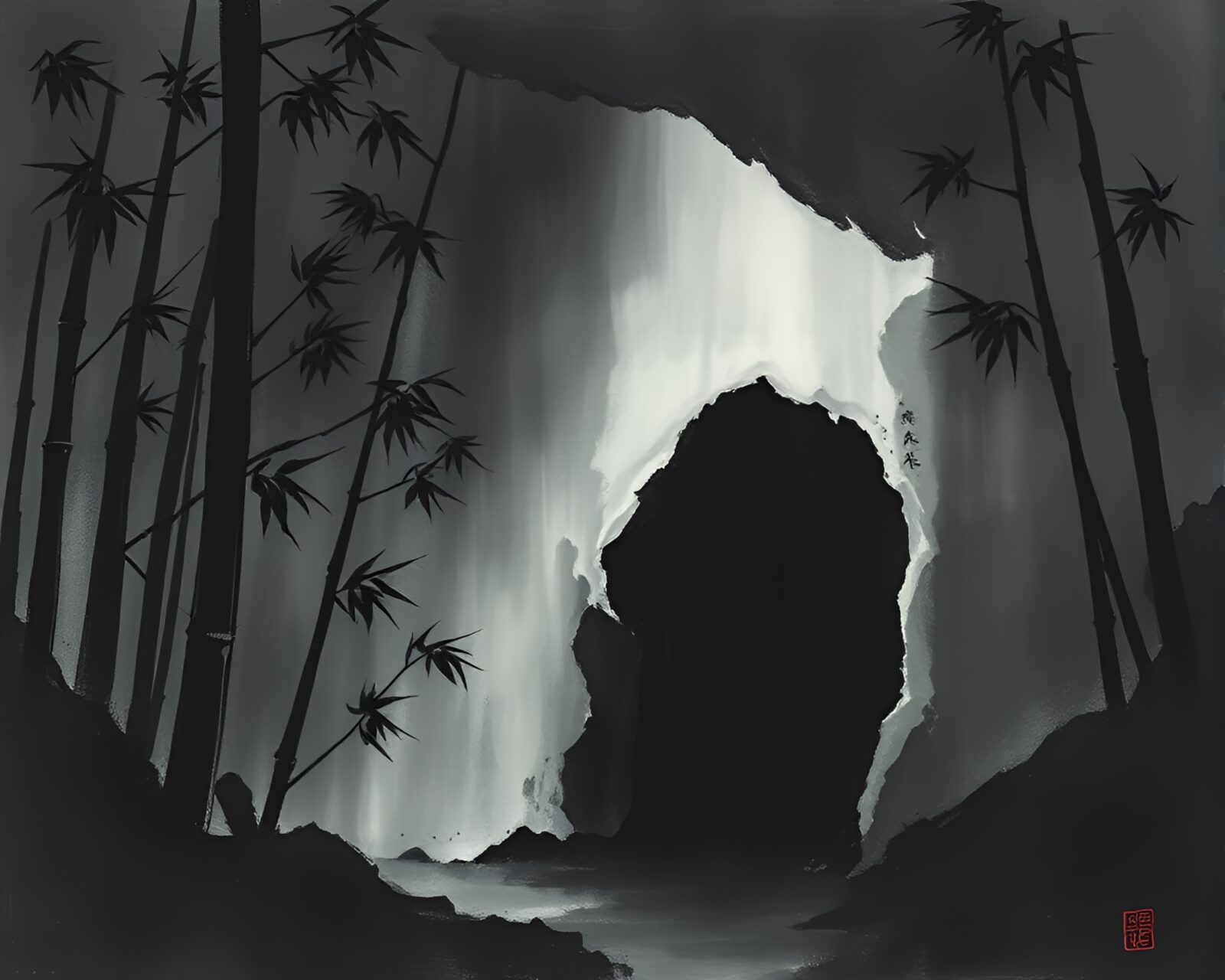 Shadowy figure plays bamboo flute near dimly lit cave entrance