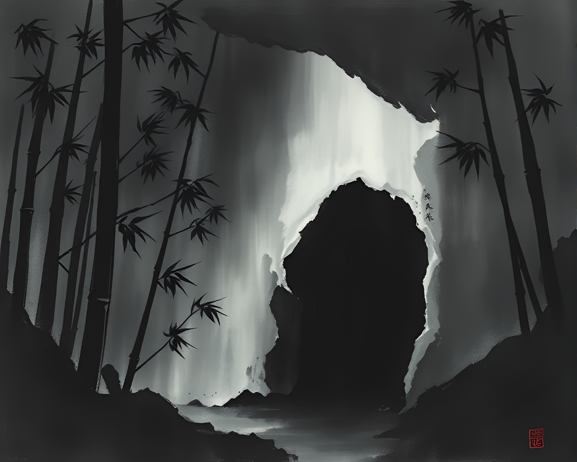 Enigmatic cave with bamboo flute player in shadow – free AI stock image