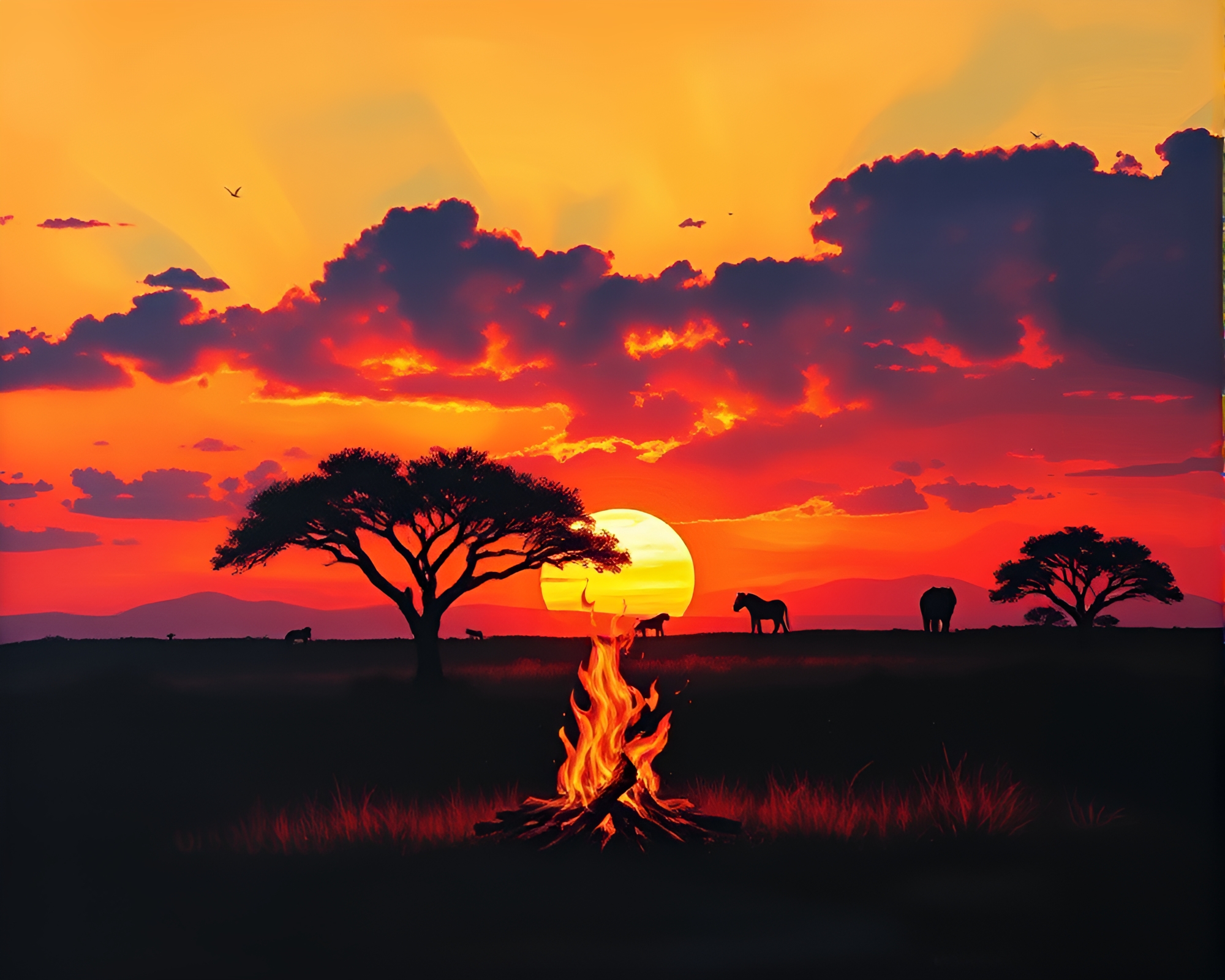 Savanna Sunset Silhouette: Bonfire Warmth Impressionist Painting – free AI stock image