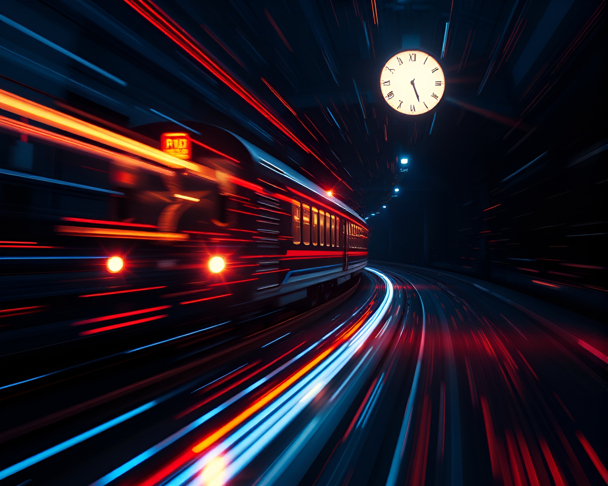 Surreal Train Chrono Clock Light Trails – free AI stock image