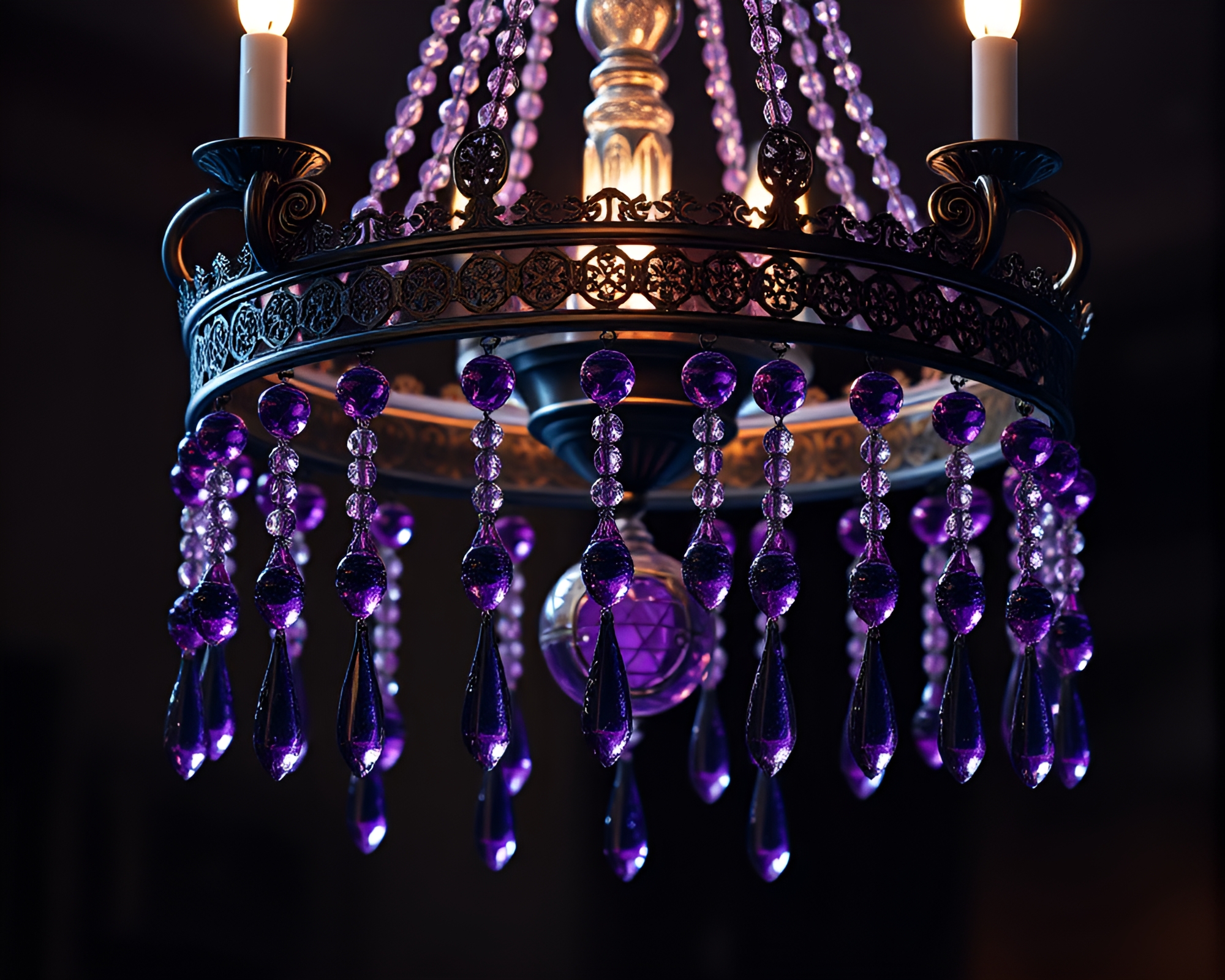 Gothic Chandelier in Amethyst Hues Reflecting on Wet Glass Beads – free AI stock image