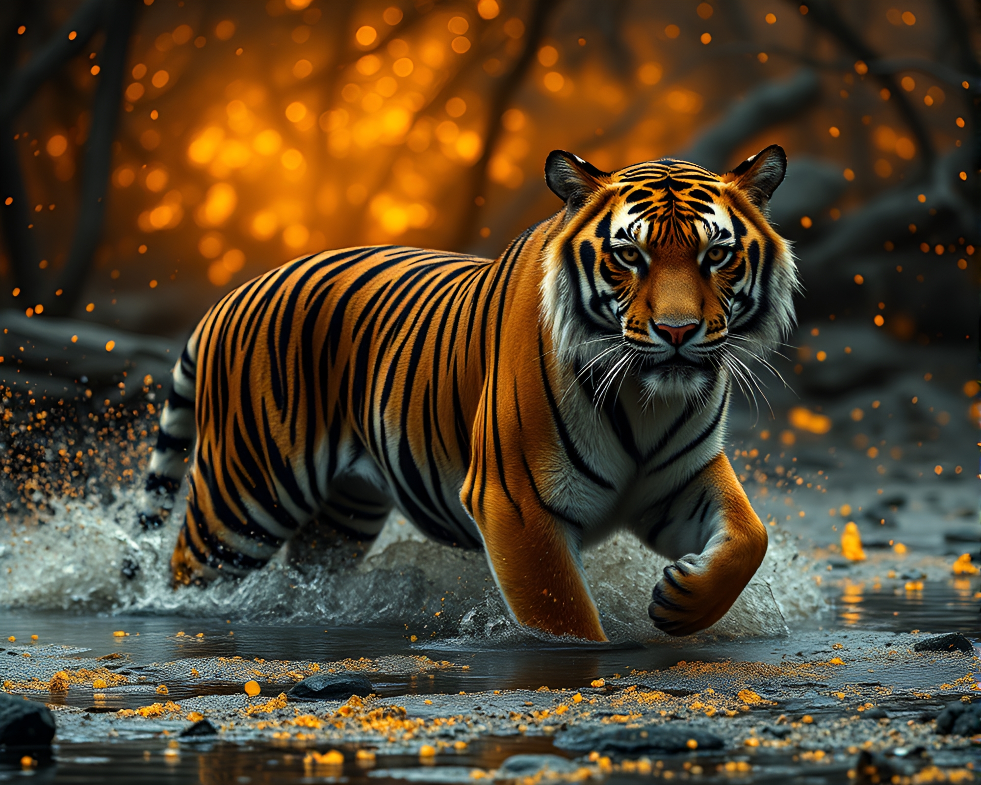 Stereograph of Majestic Tiger Amid Floating Embers – free AI stock image