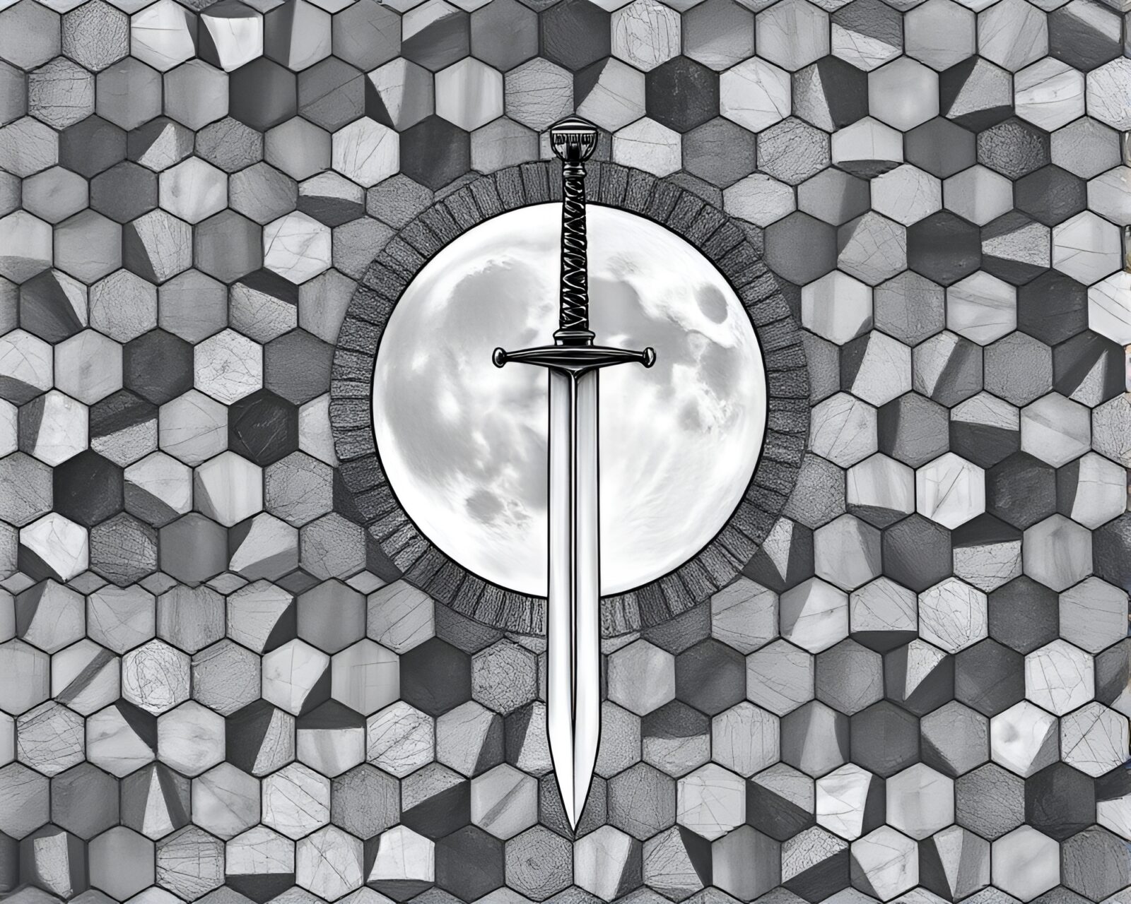Conté crayon drawing of swords in hexagonal tiling under grey moonlight