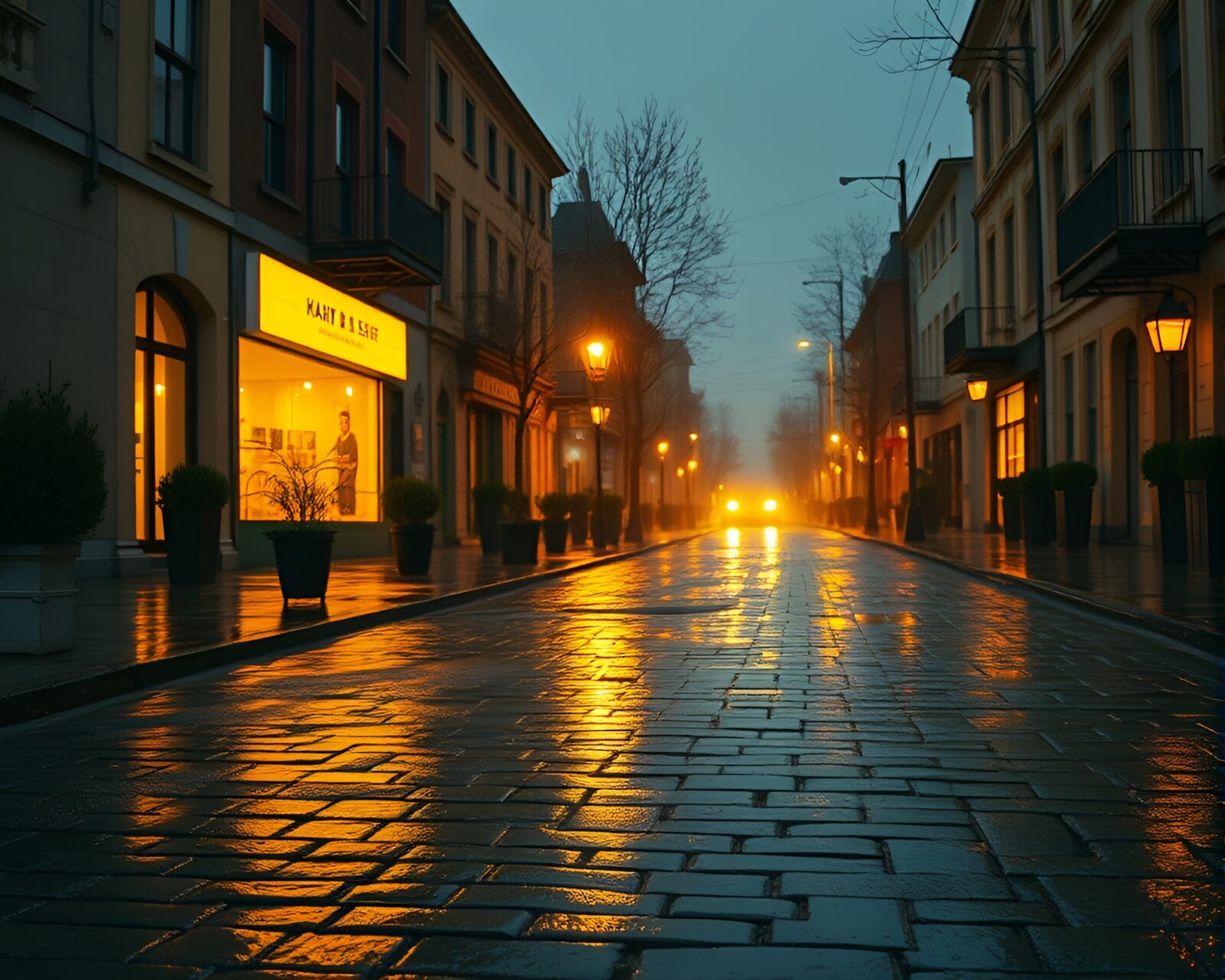 Mustard yellow rift on wet pavement in golden hour light
