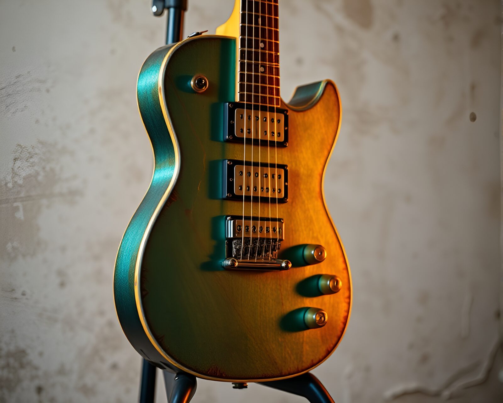 Shiny copper verdigris guitar gleaming in warm golden light