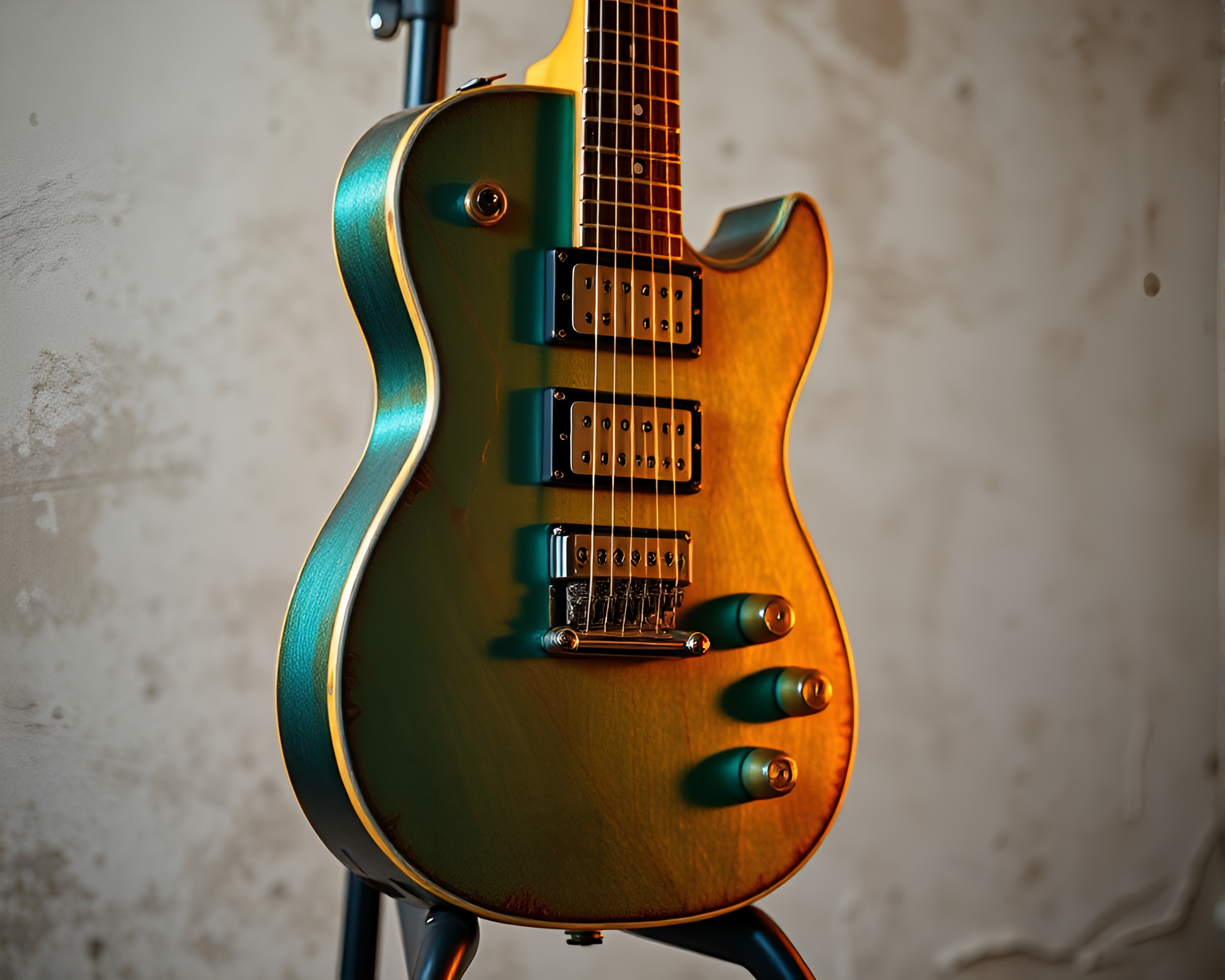 Copper Verdigris Guitar in Golden Hour Comic Book Style – free AI stock image