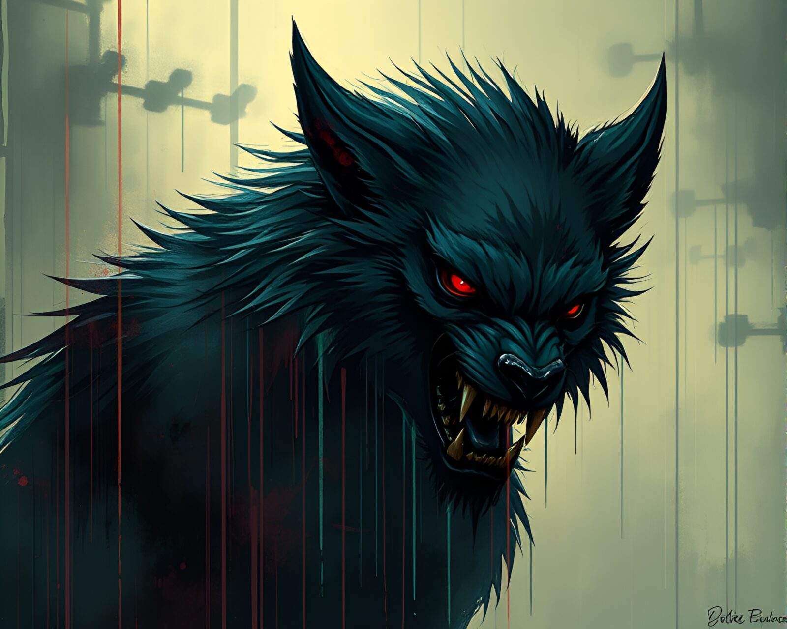 Illustration of werewolf in cyberpunk style with paint drips