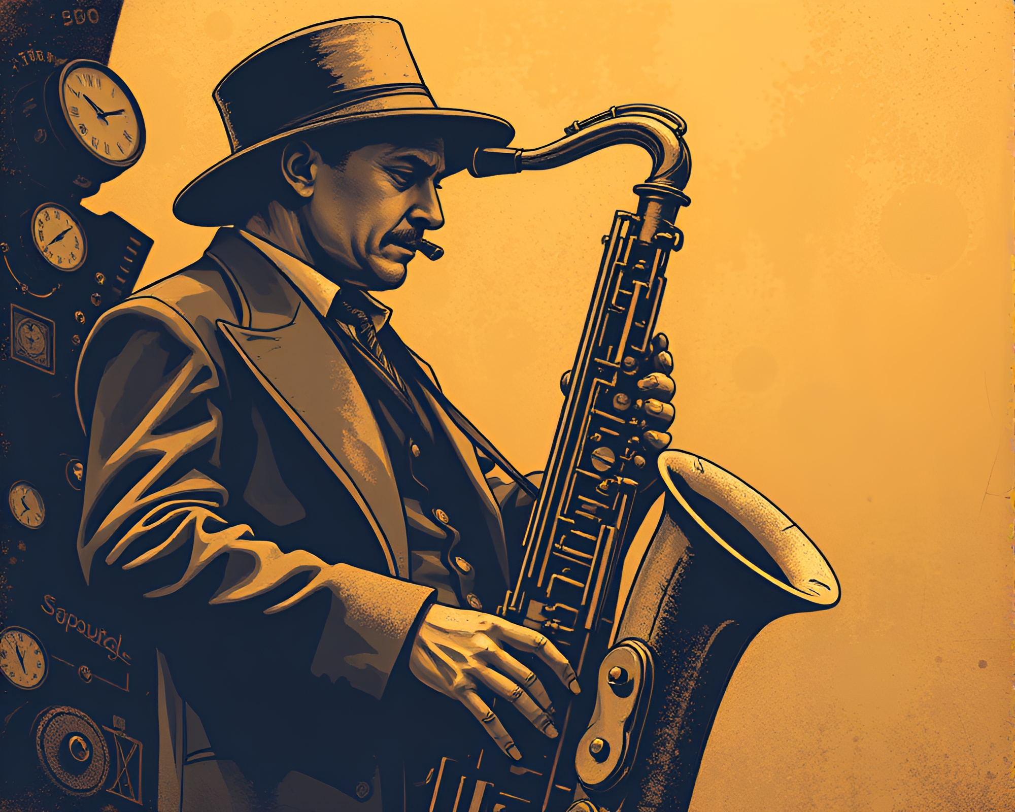 Steampunk Saxophonist in Sepia High-Angle Illustration – free AI stock image