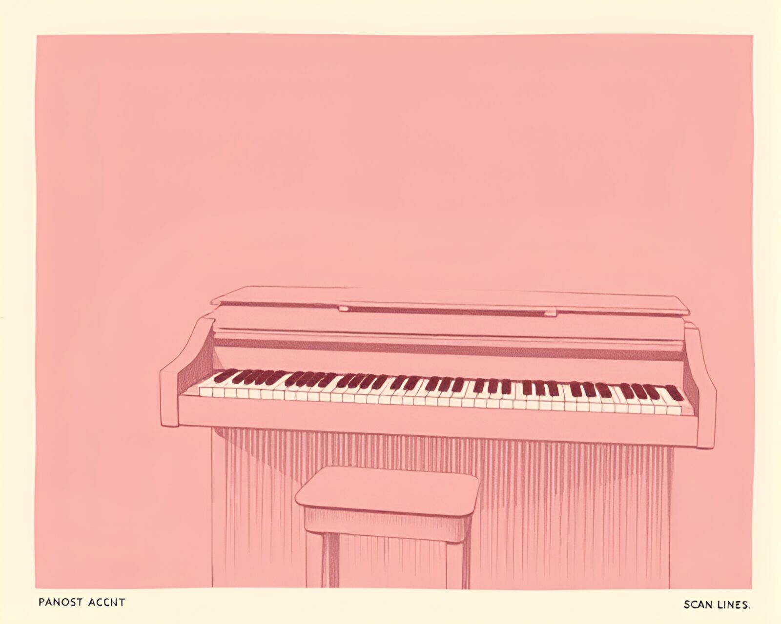 Woodcut print of a piano bathed in soft pink light