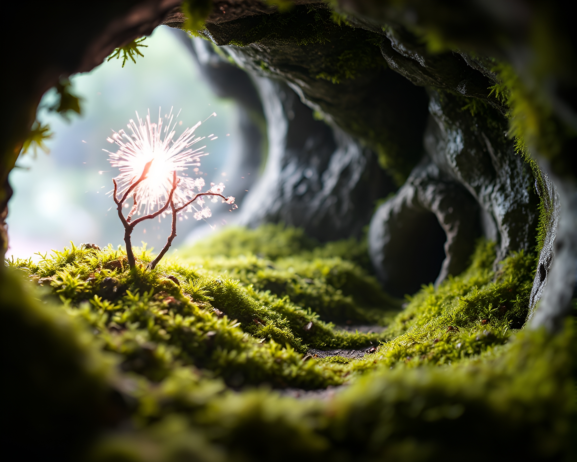 Enchanting Moss Wormhole with Fairy Sparkles – free AI stock image