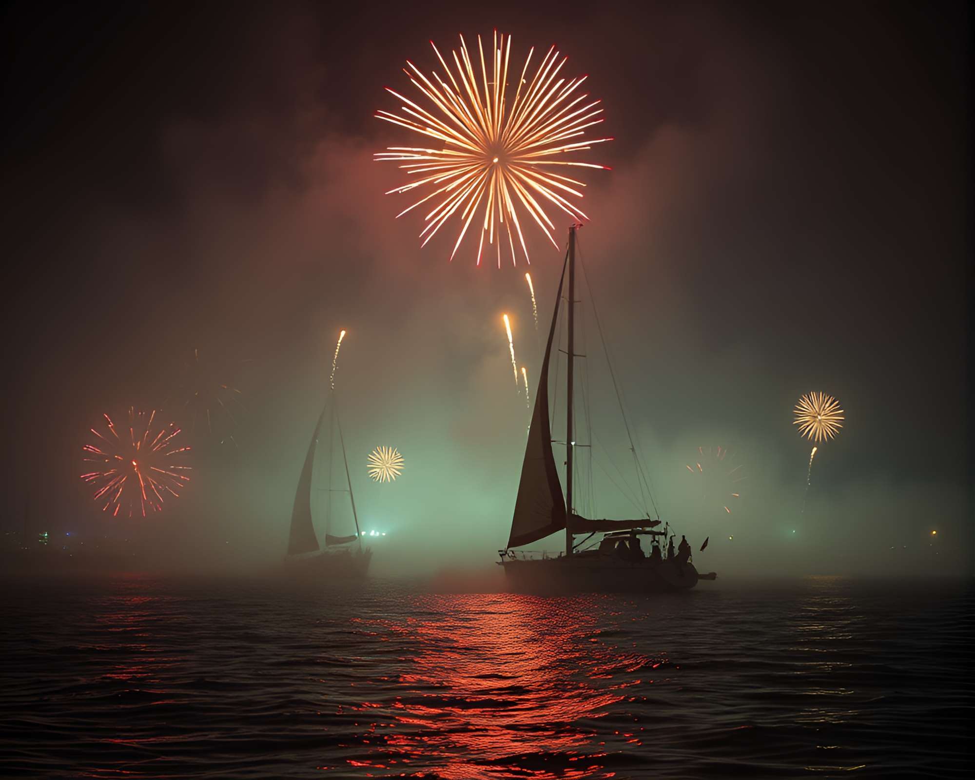 Solar sailboat navigating through festival fog banks – free AI stock image