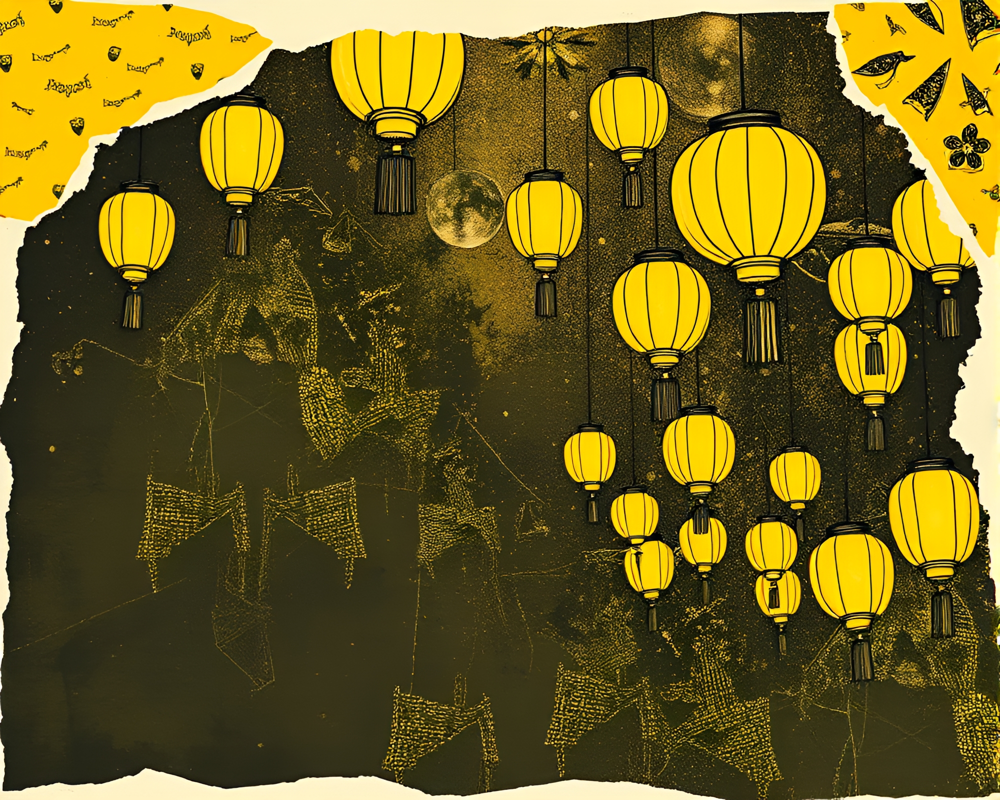 Surreal Floating Lanterns Illuminated in Monochrome Yellow – free AI stock image