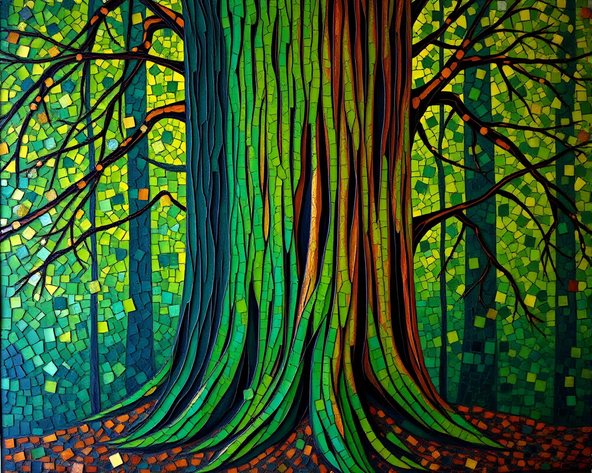 Copper Verdigris Redwood Tree: Expressionist Mosaic Lighting – free AI stock image