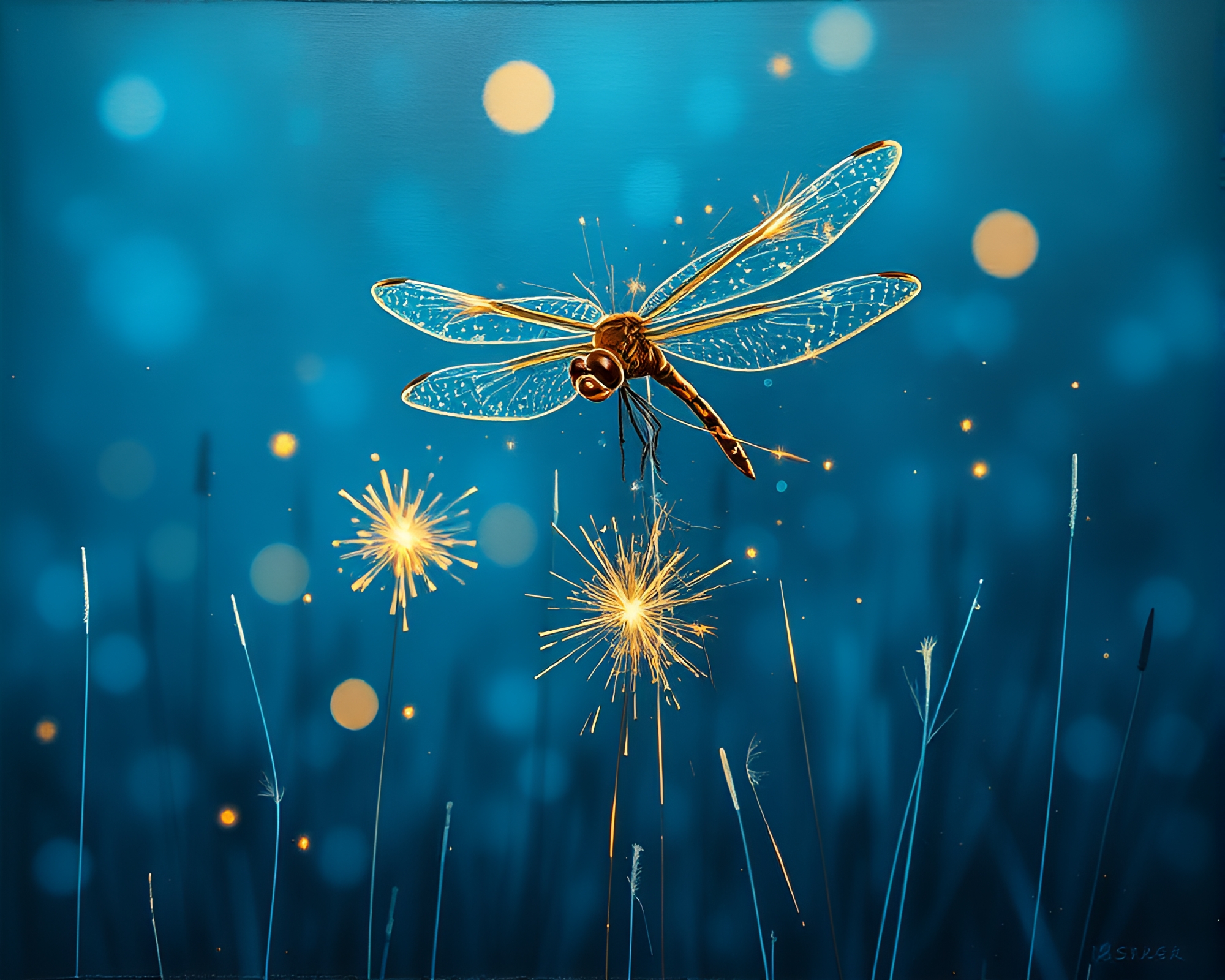 Dragonfly Sparkler Trails Steel-Blue Color Field Painting – free AI stock image