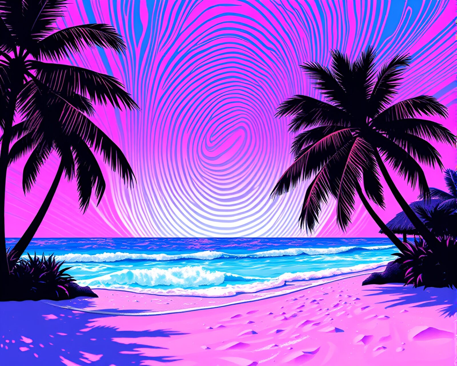 A vibrant magenta and teal beach scene with vaporwave style