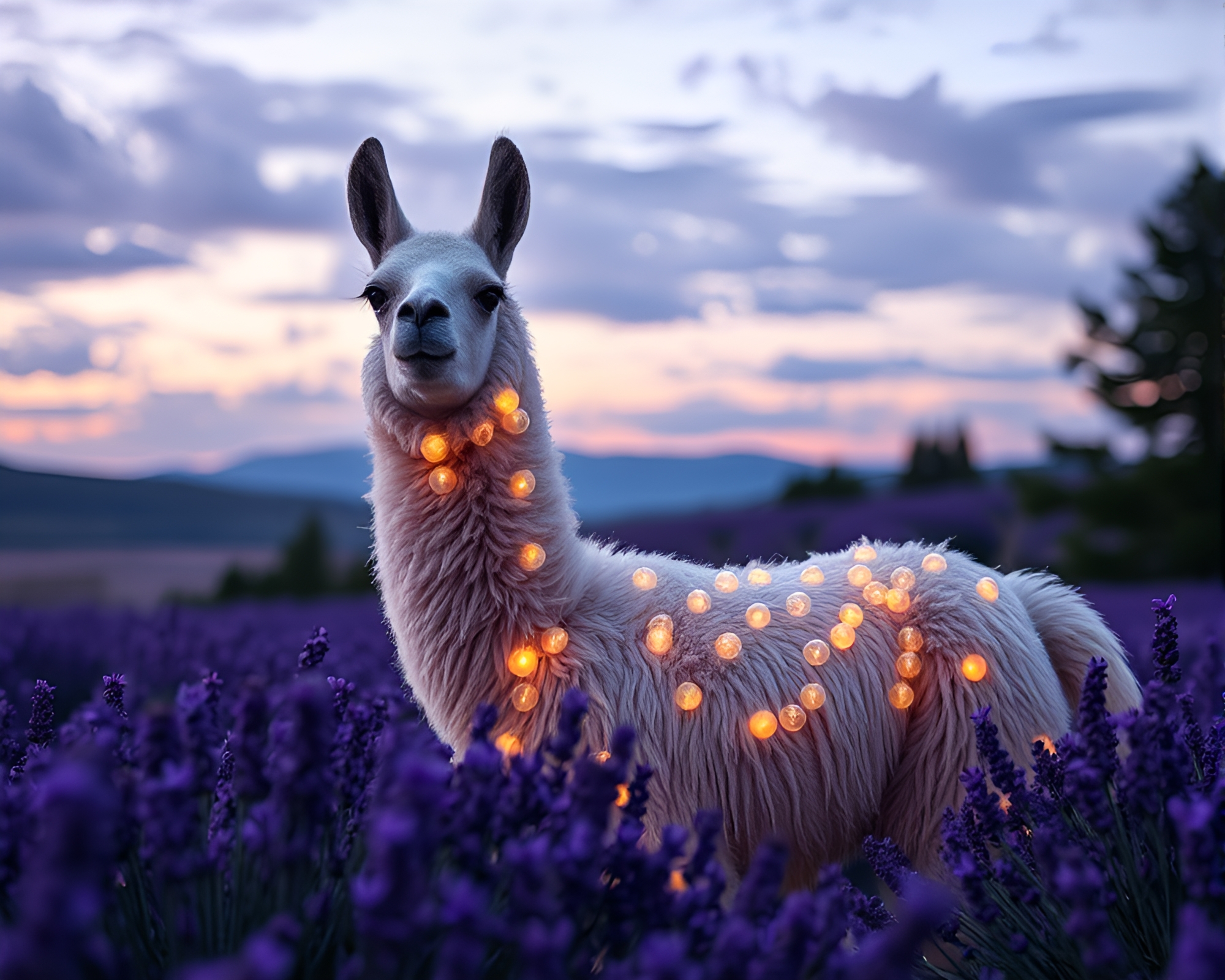Llama in Lavender Twilight Surrounded by Bubble Clusters – free AI stock image