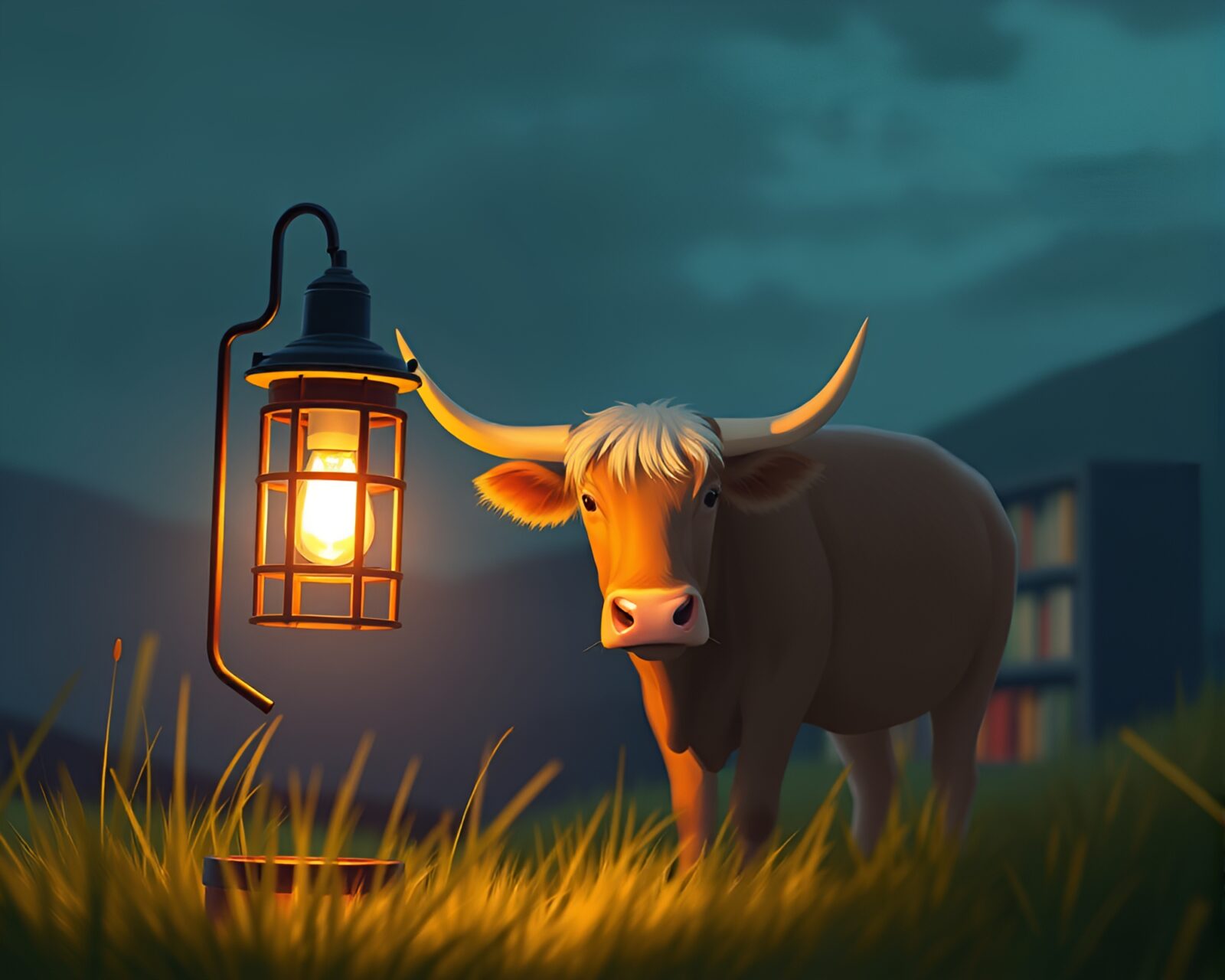 Shallow depth of field image of Highland cow surrounded by warm library lamp light in vector art style