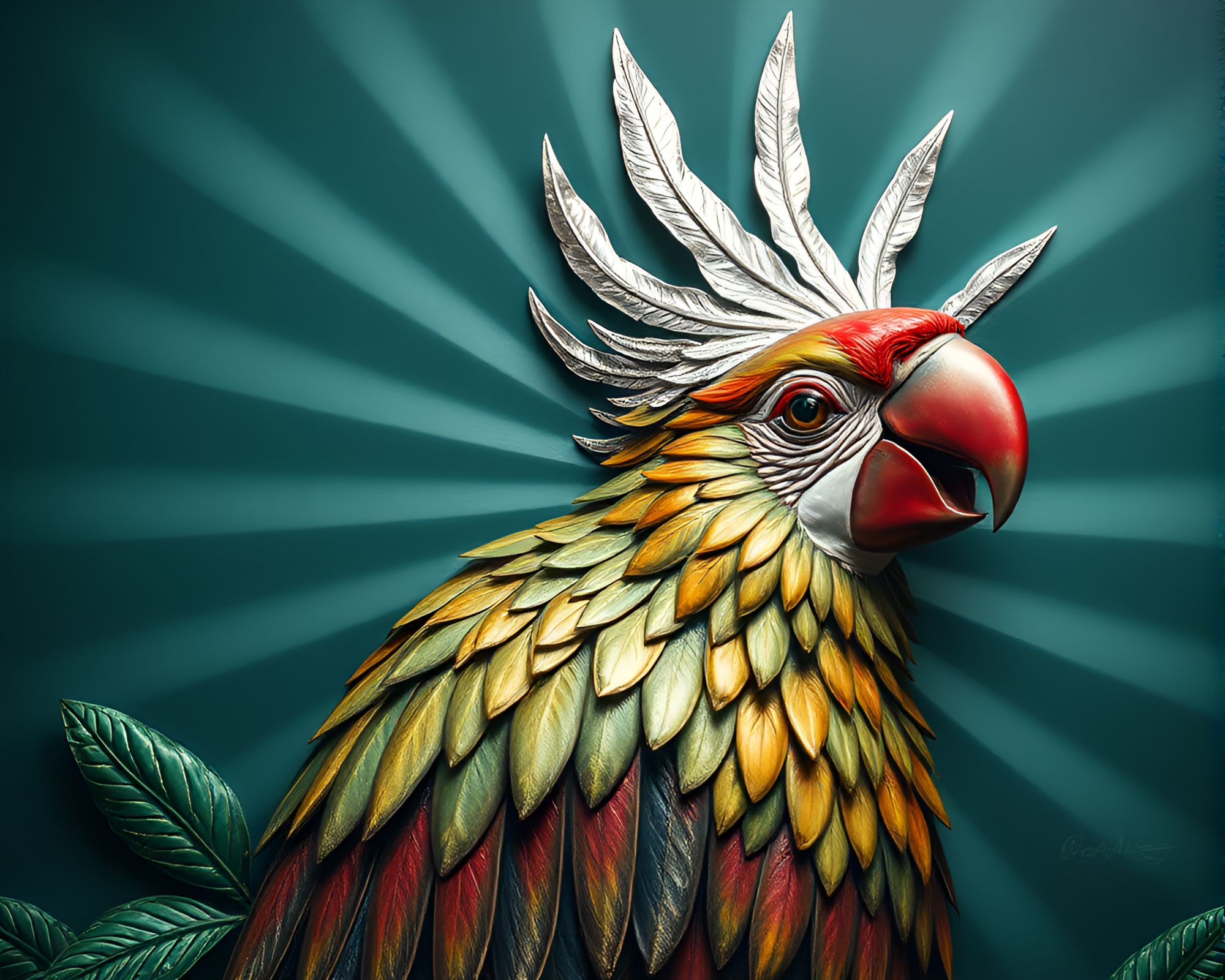 Tropical Parrot Bathed in God Rays with Silver Leaf Accents – free AI stock image