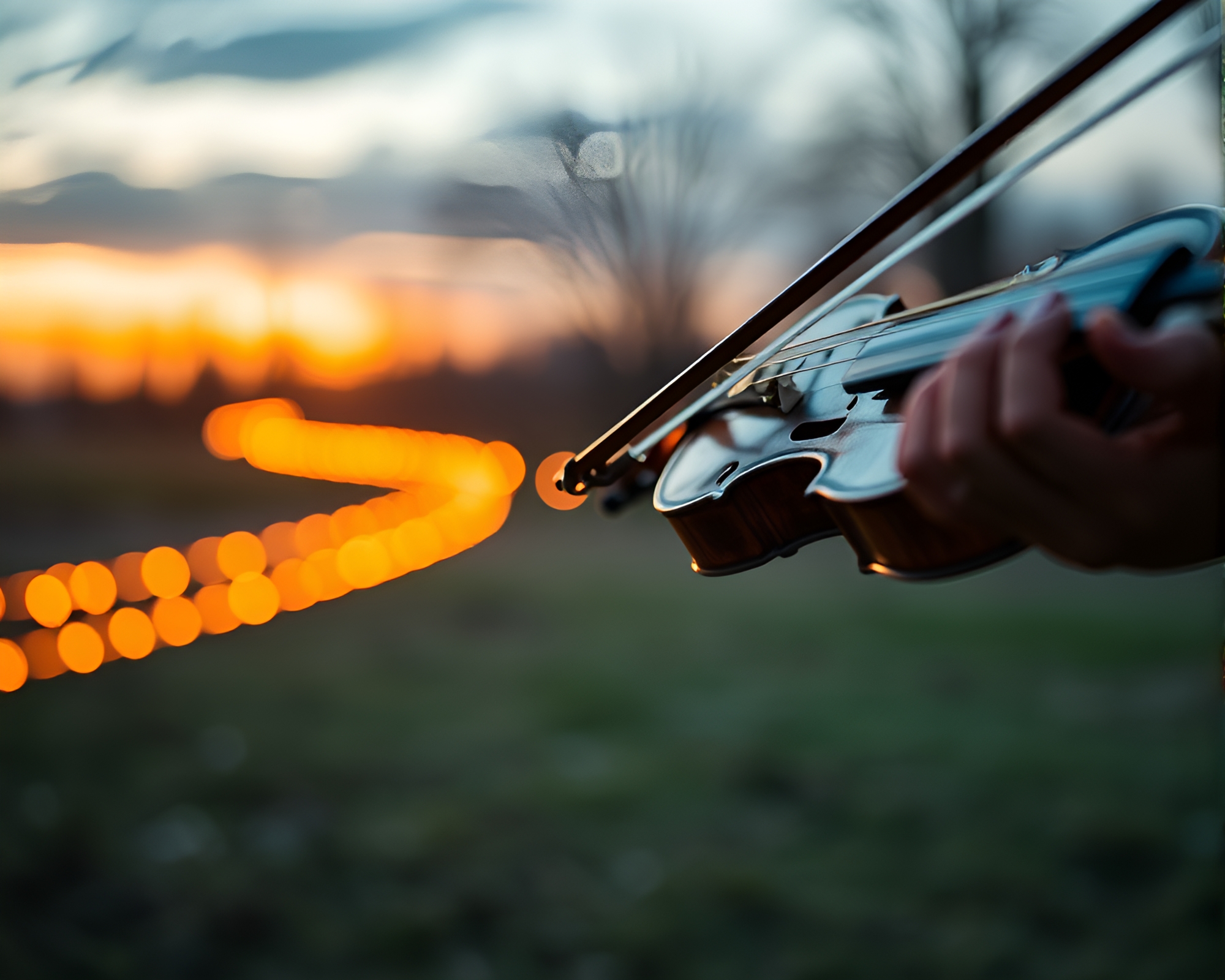 Chromatic Light Trails Dance Around Wooden Violin – free AI stock image