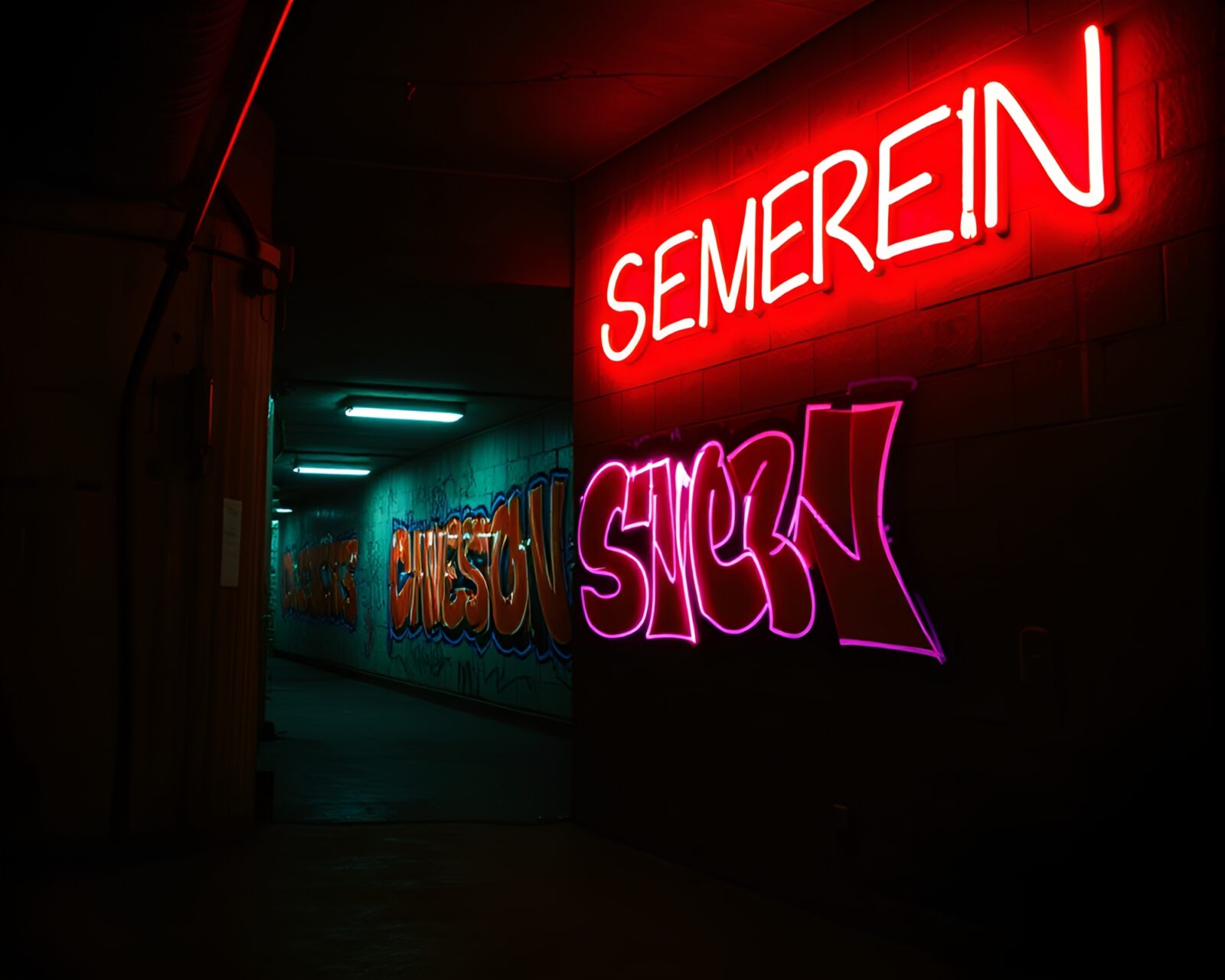 Vibrant neon graffiti overlaying dark bunker interior.