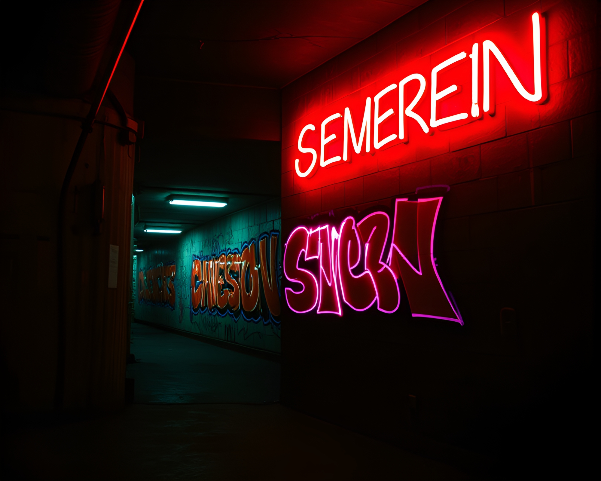 Neon Double Exposure in Underground Bunker – free AI stock image