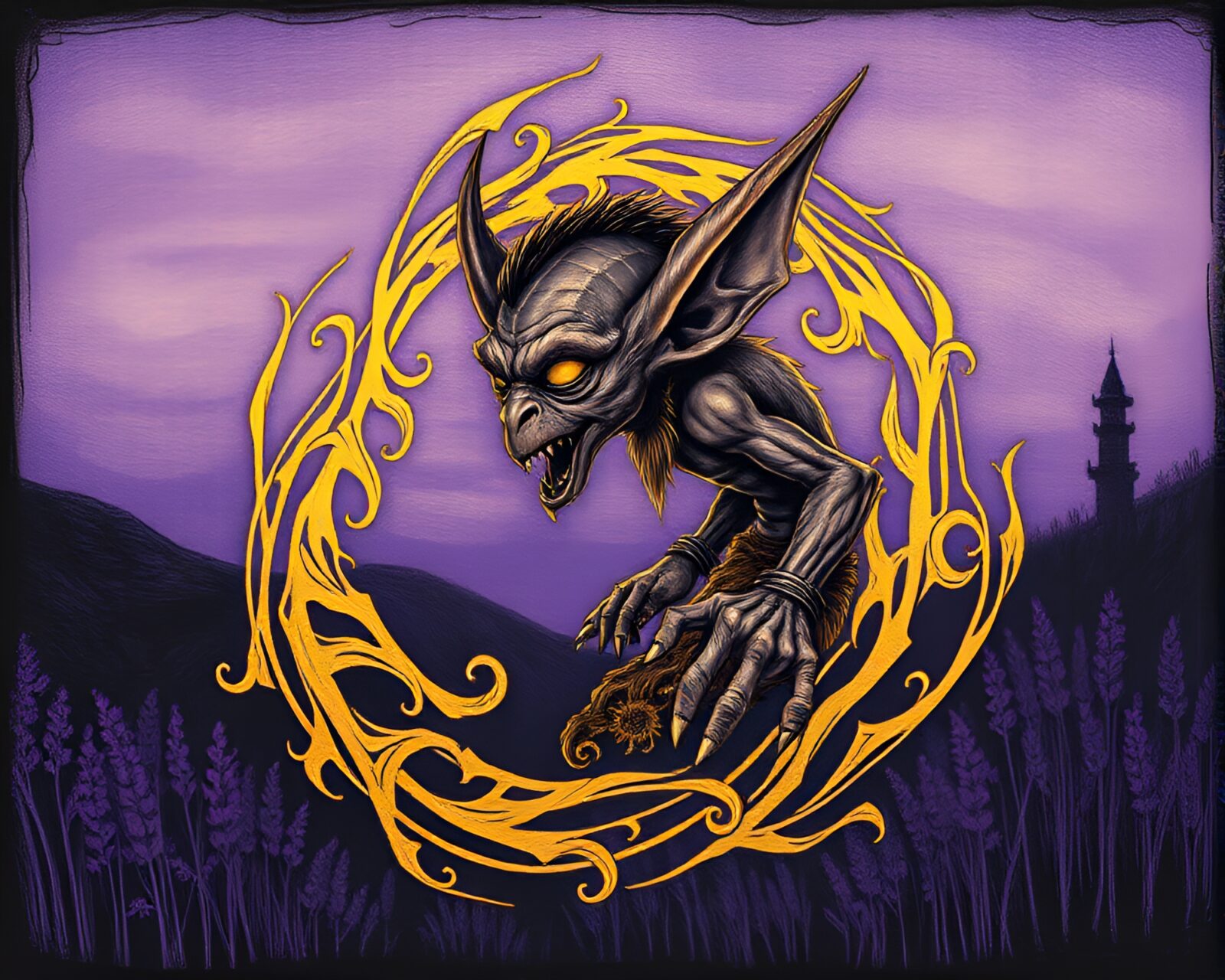 Fantasy artwork of a goblin surrounded by golden spirals in twilight