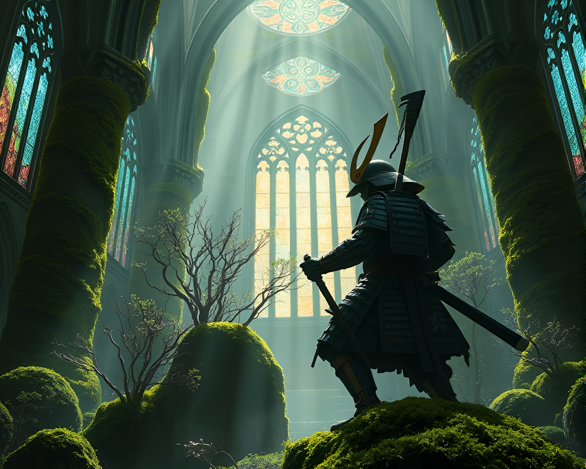 Samurai Warrior Amid Mossy Cathedral Light – free AI stock image
