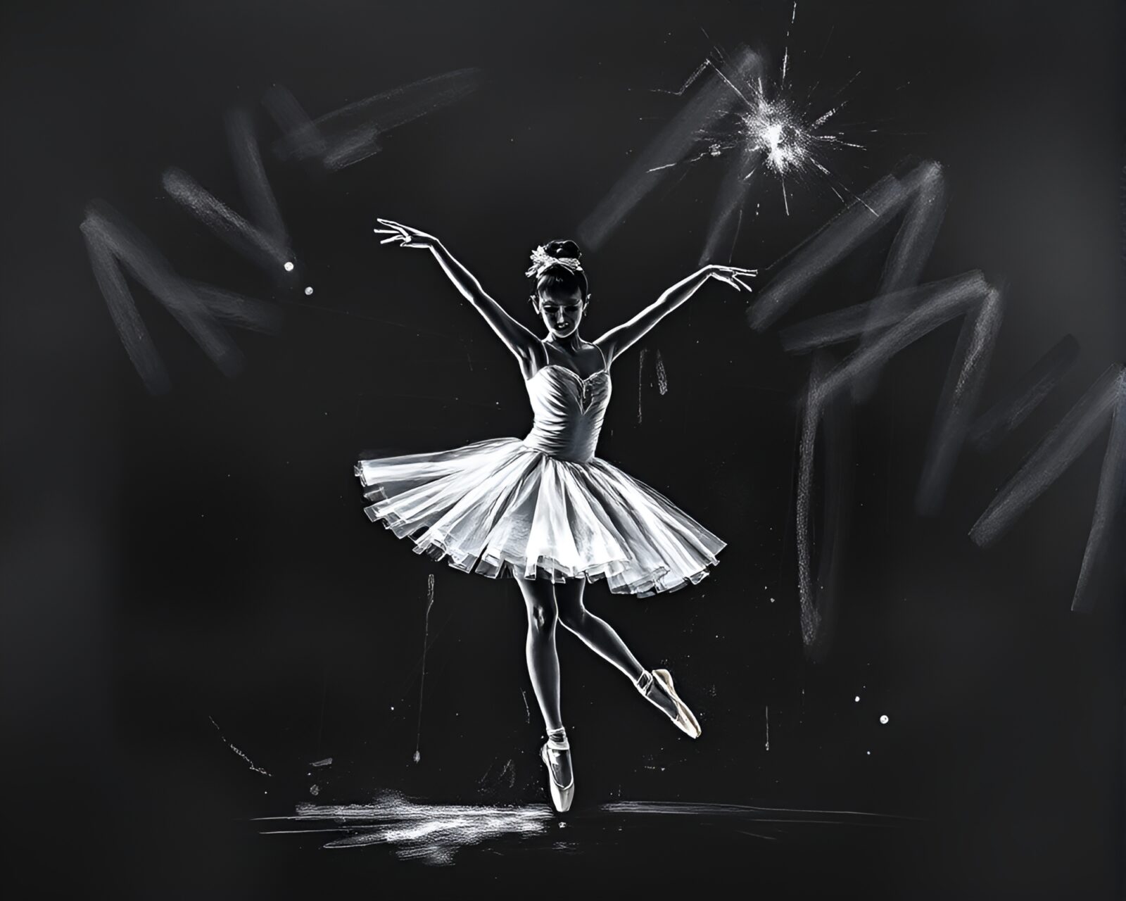 Graceful ballet dancer surrounded by ethereal lens flare on chalkboard