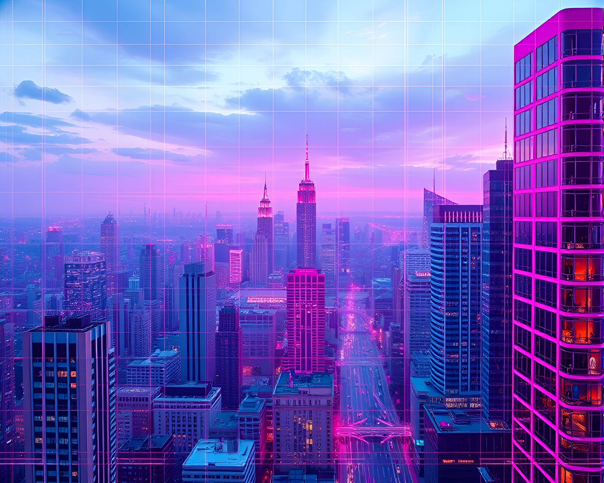 Maximalist Virtual Cityscape with Magenta Punch Lighting – free AI stock image