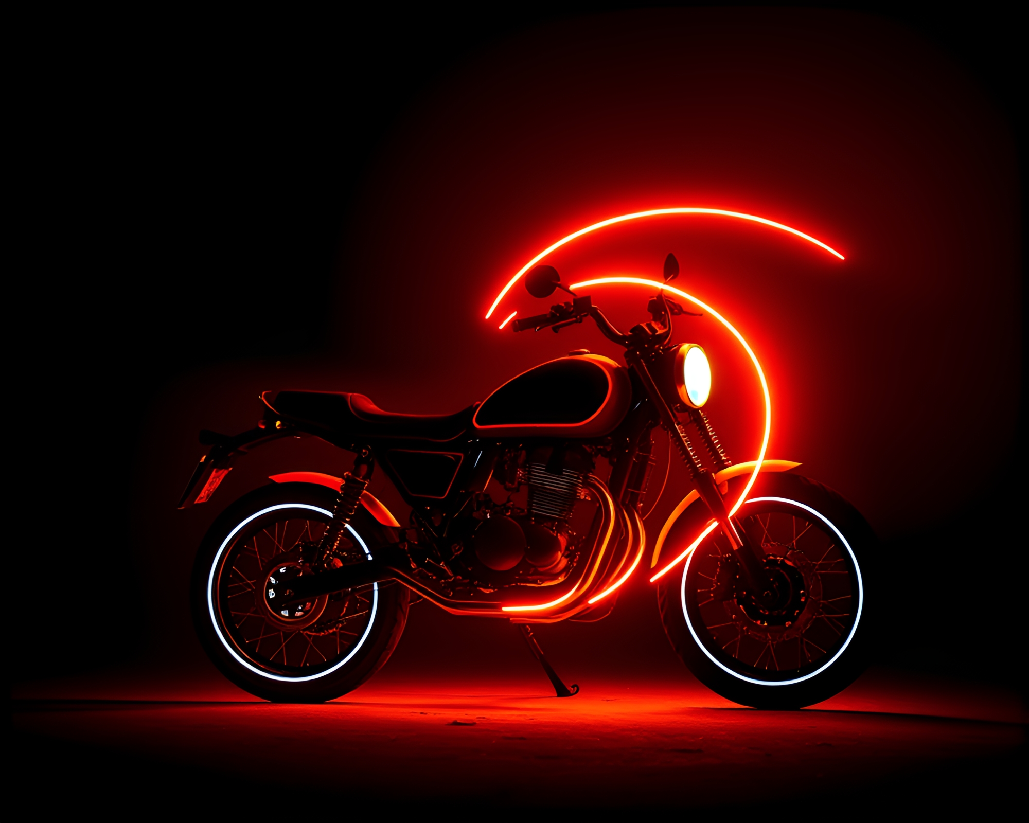 Neon Motorcycle Spiraling in Theatrical Silhouette Illustration – free AI stock image