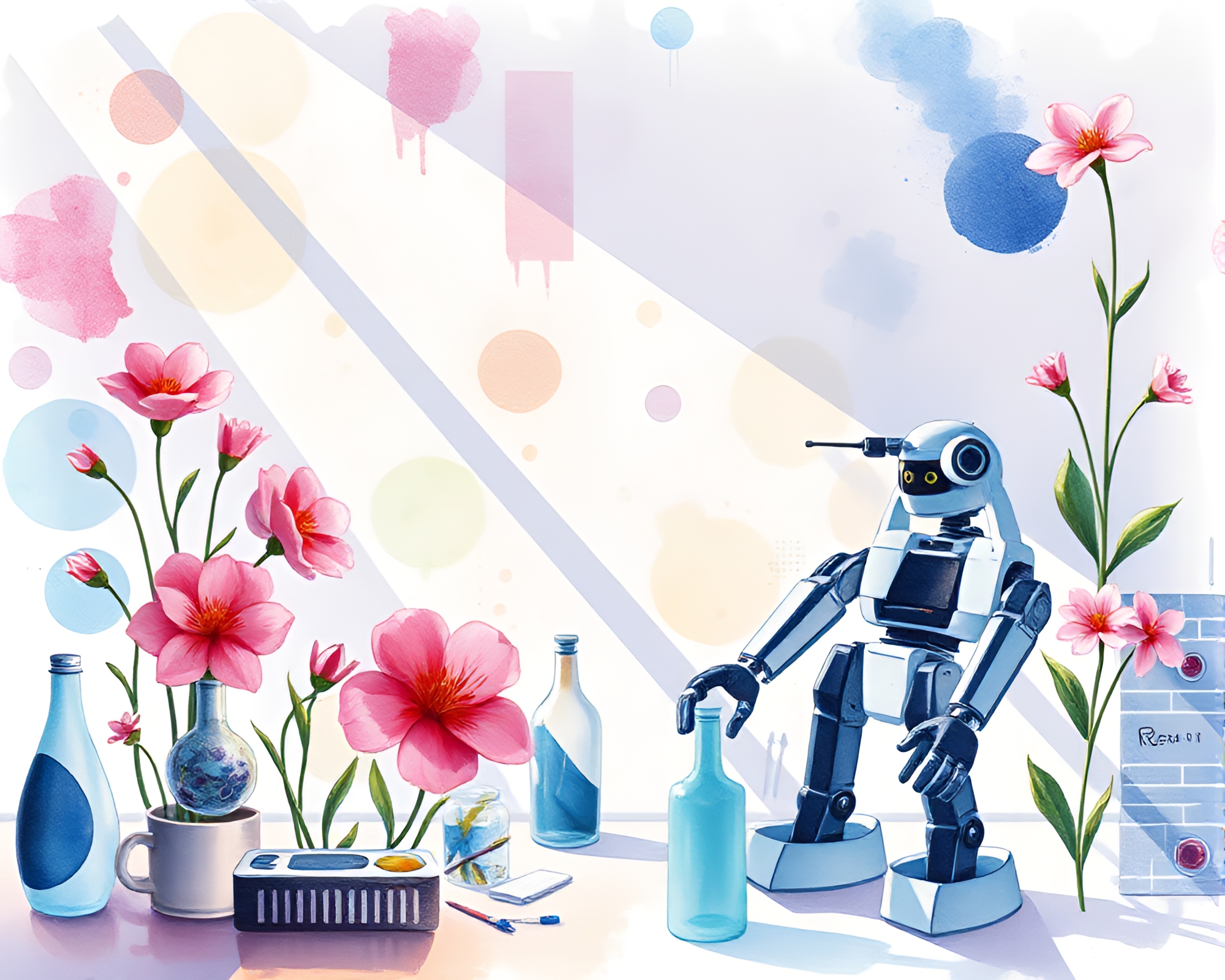 Robotic Watercolor Blooms Cast Hard Shadow in ASCII Lab – free AI stock image