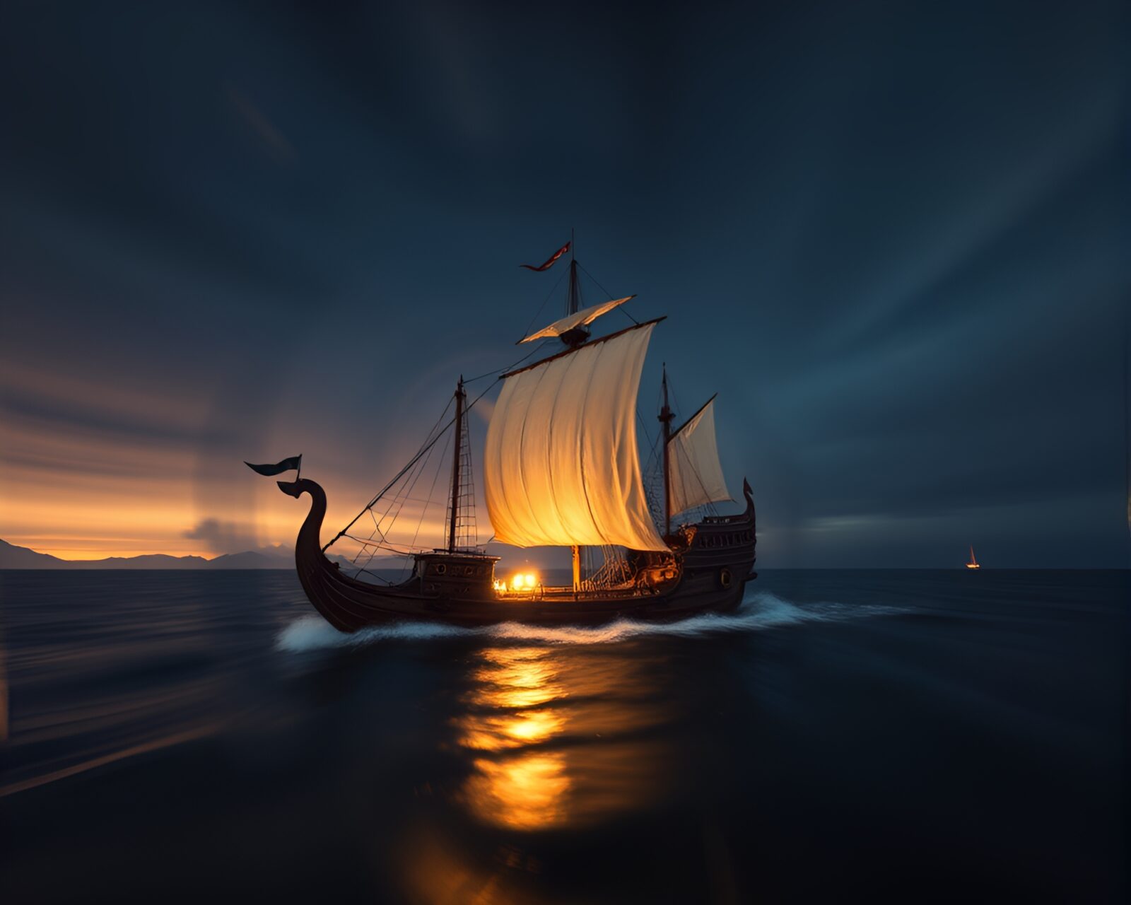 Majestic Viking longship surrounded by swirling lens distortion