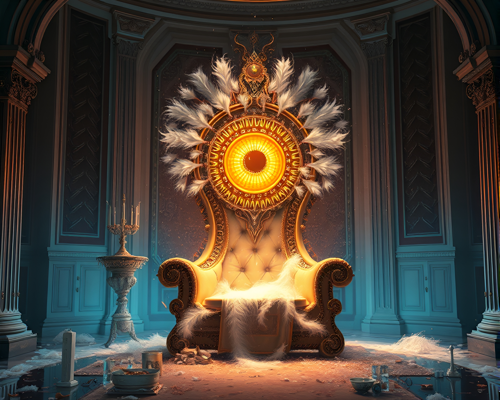 Cybernetic Eye Queen Feather Dusting on Throne – free AI stock image