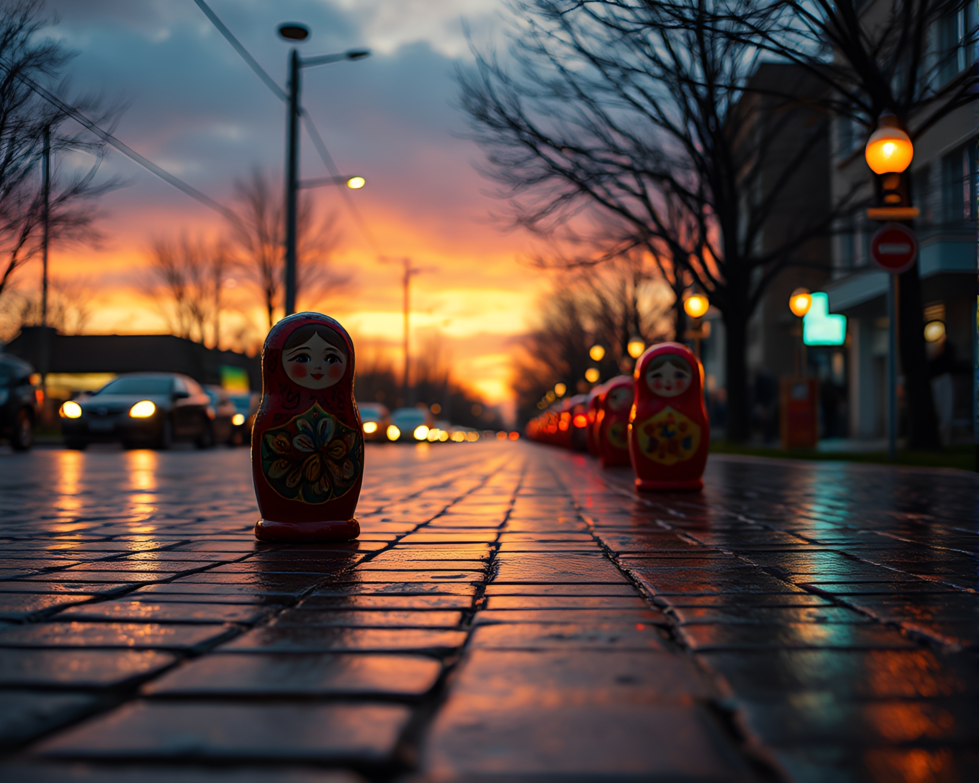 Retro Futurism Matryoshka at Dusk on Wet Pavement – free AI stock image
