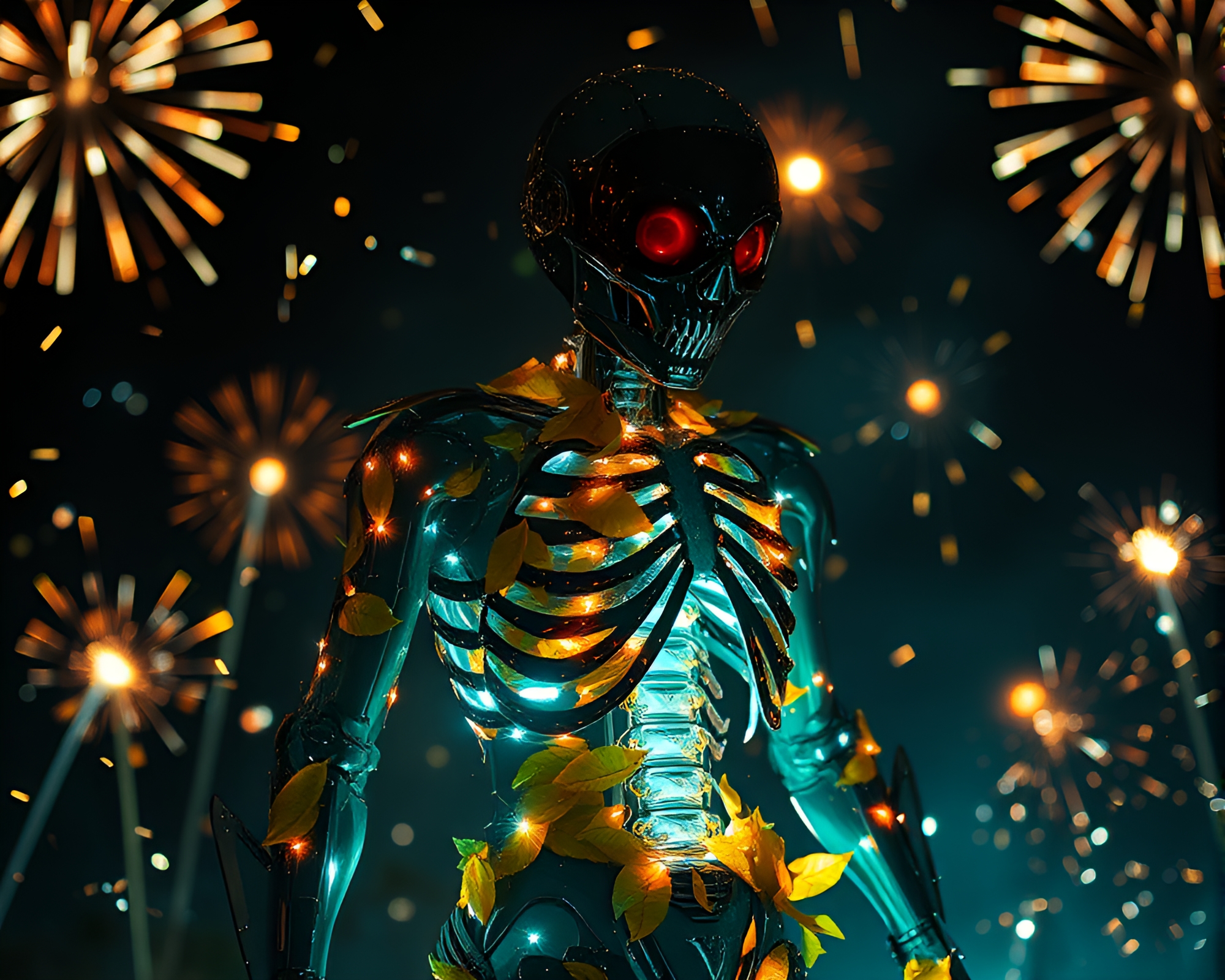 Exoskeleton Suit among Festival Fireworks and Leaf Litter – free AI stock image