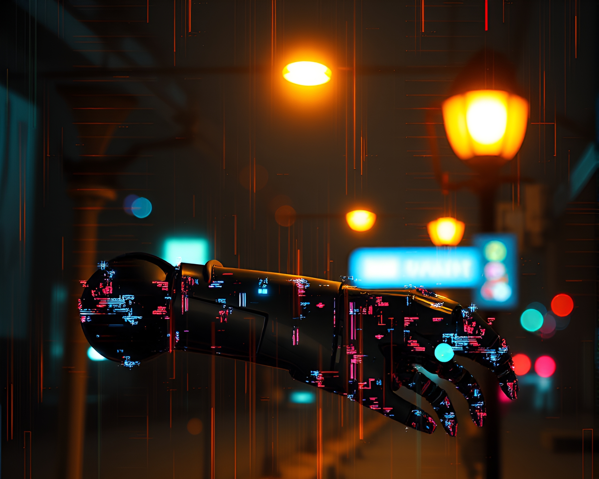 Glitch Robotic Arm in Urban Streetlight Haze – free AI stock image