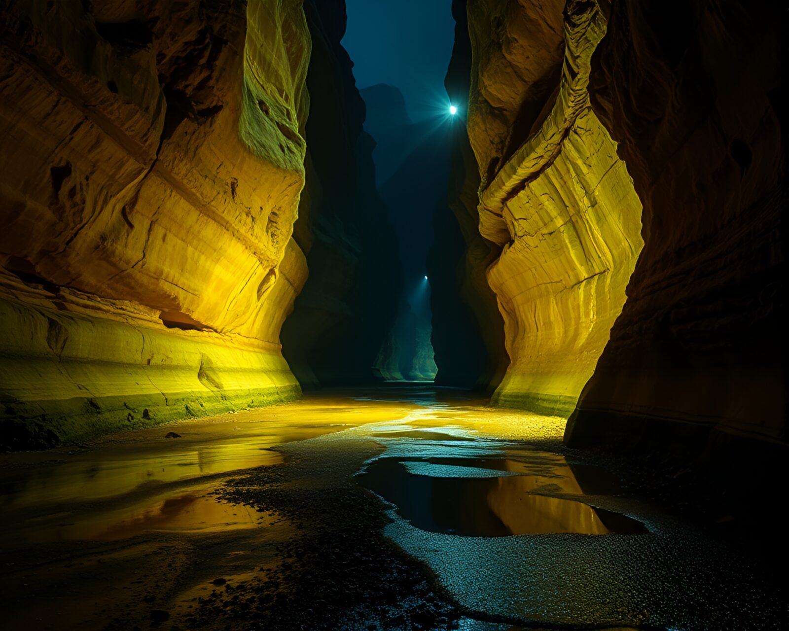 Neon-lit canyon scene with reflective wet ground below