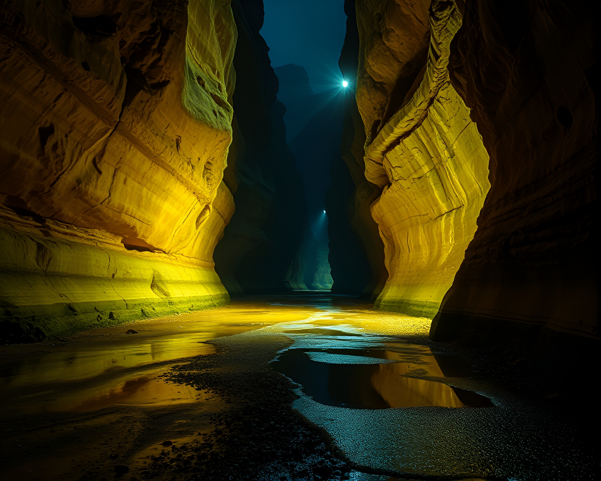 Fluorescent-lit Eroded Canyon Reflecting on Wet Pavement – free AI stock image