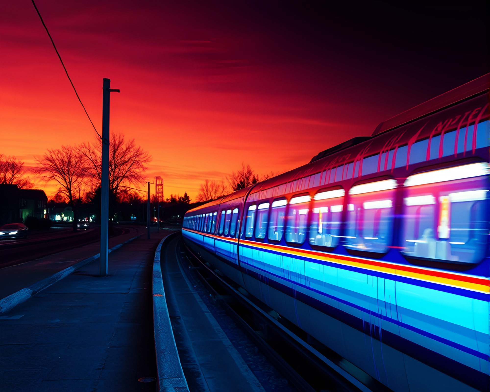 Monorail at Dusk: Thermal Paint Drips Composition – free AI stock image