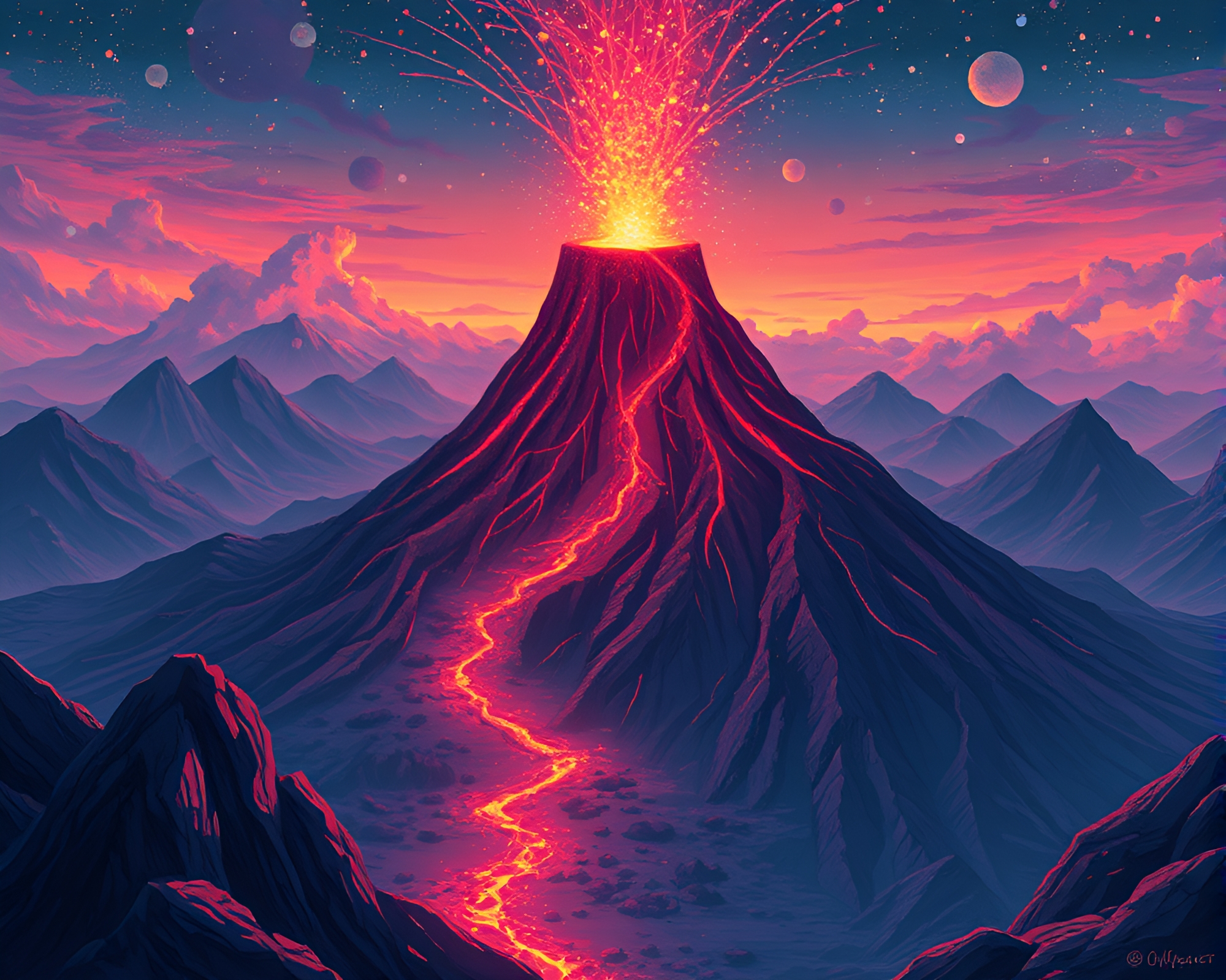 Futuristic Volcano Crater with Street Art Tags – free AI stock image