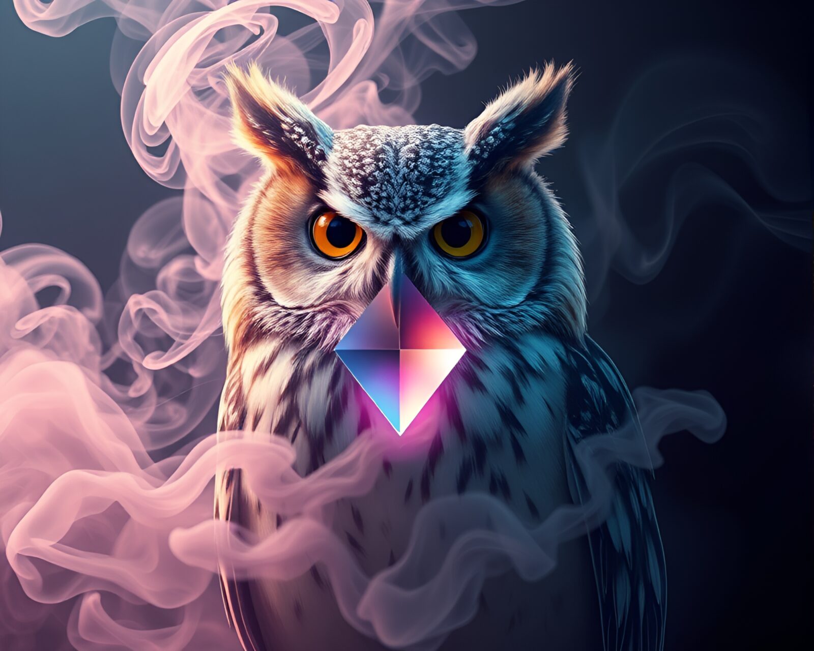 Illustration of owl surrounded by colorful smoke rings in futuristic style
