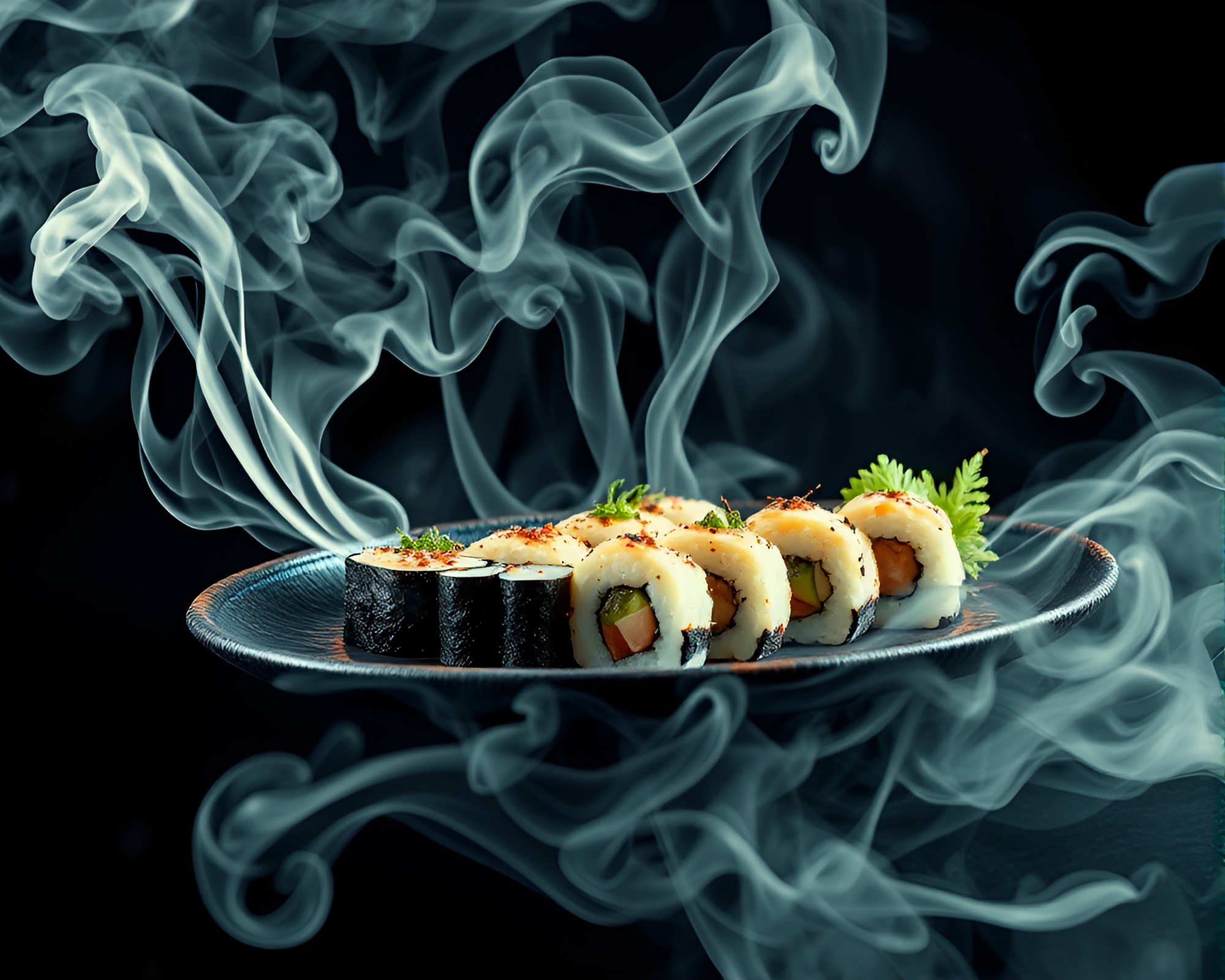 Sushi Platter in Hazy Anaglyph Smoke Swirls – free AI stock image